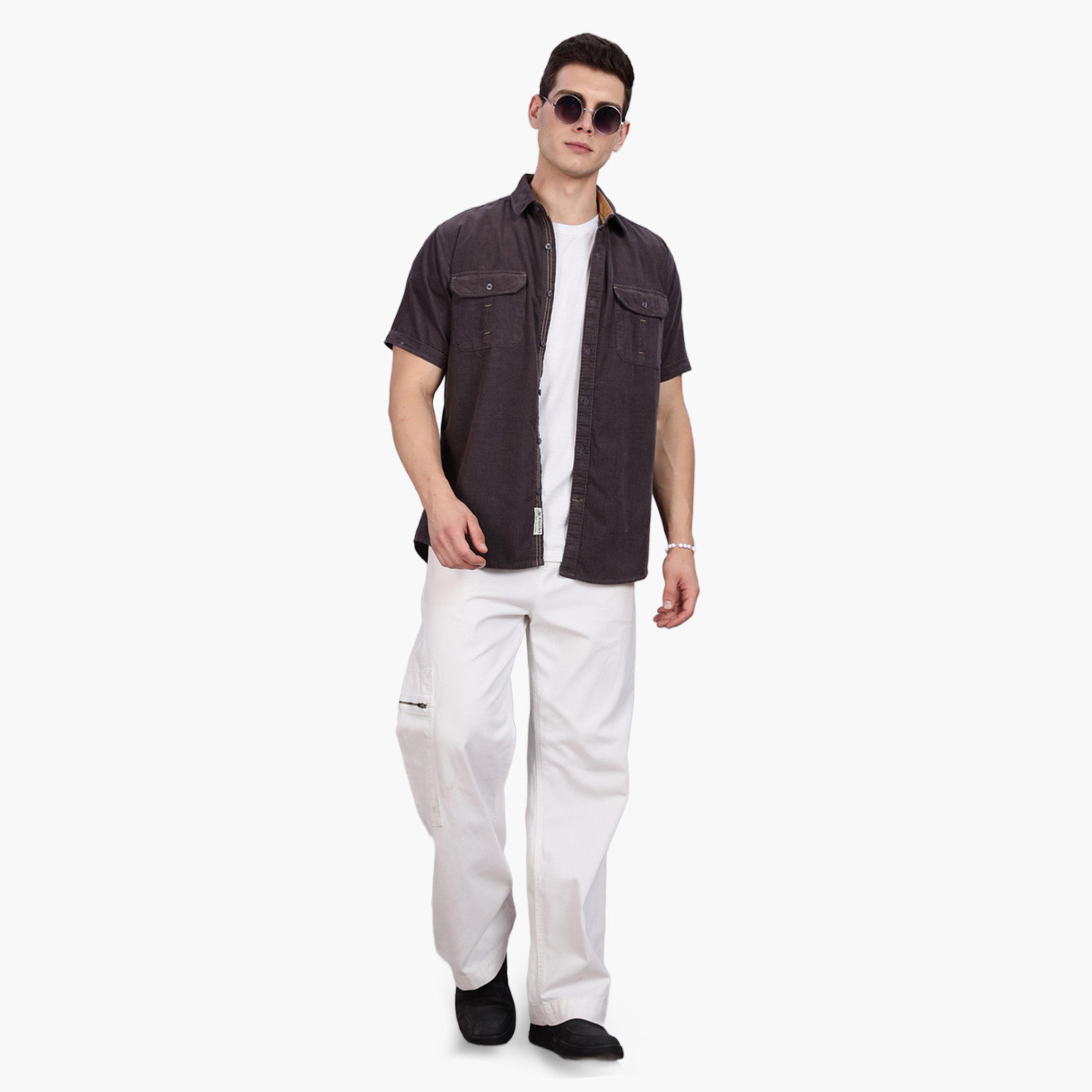 قميص مخمل مضلع رمادي بأكمام قصيرة-men-clothing-shirts-image-2