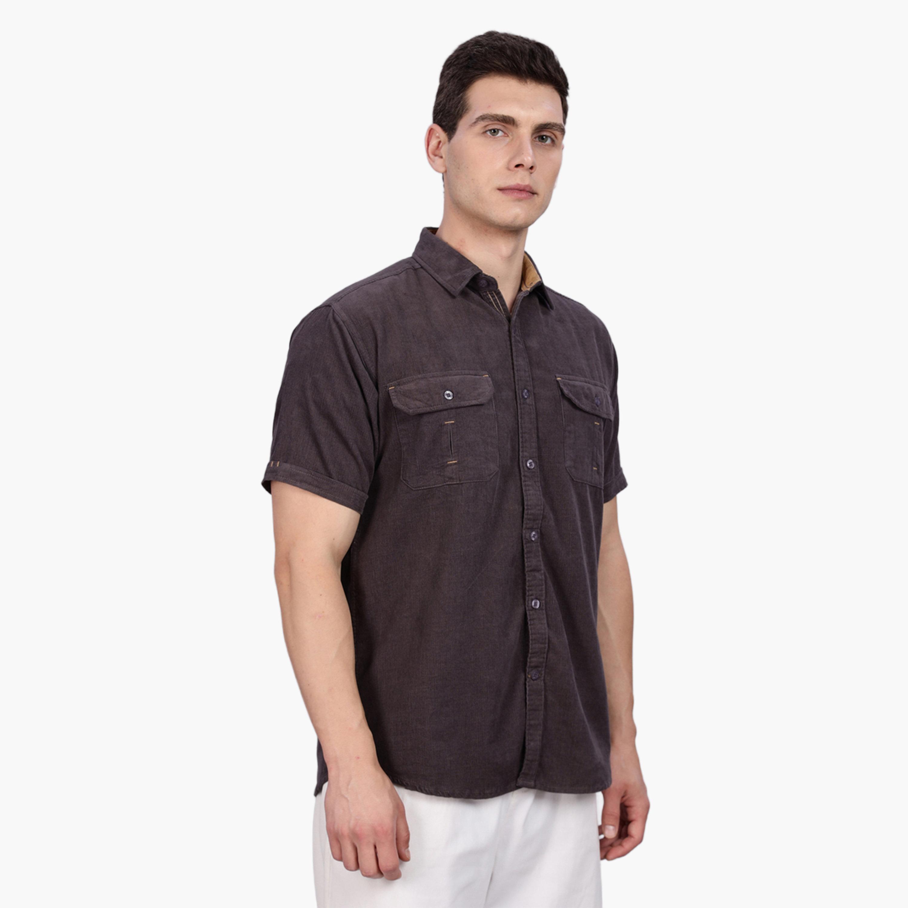 قميص مخمل مضلع رمادي بأكمام قصيرة-men-clothing-shirts-image-4