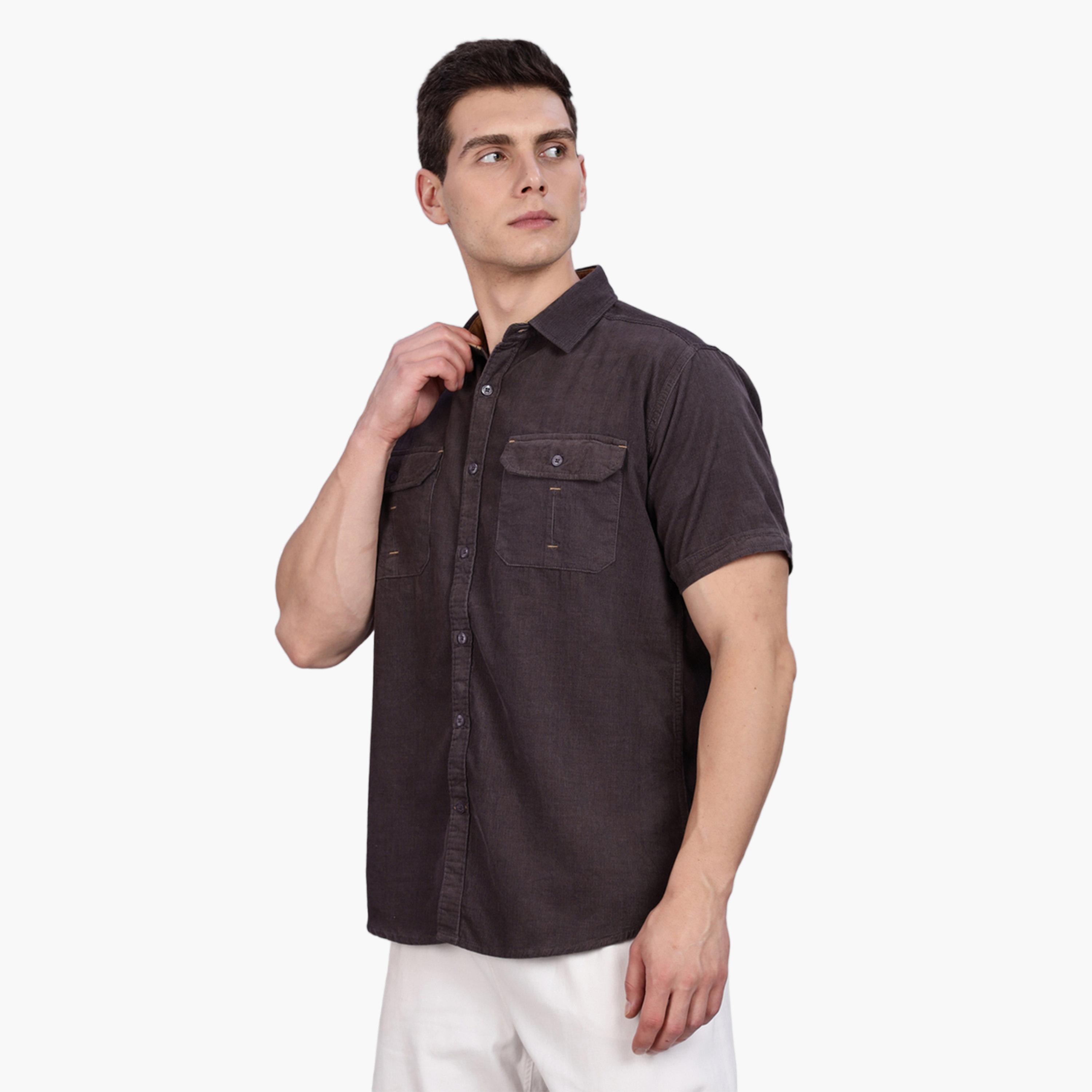 قميص مخمل مضلع رمادي بأكمام قصيرة-men-clothing-shirts-image-5
