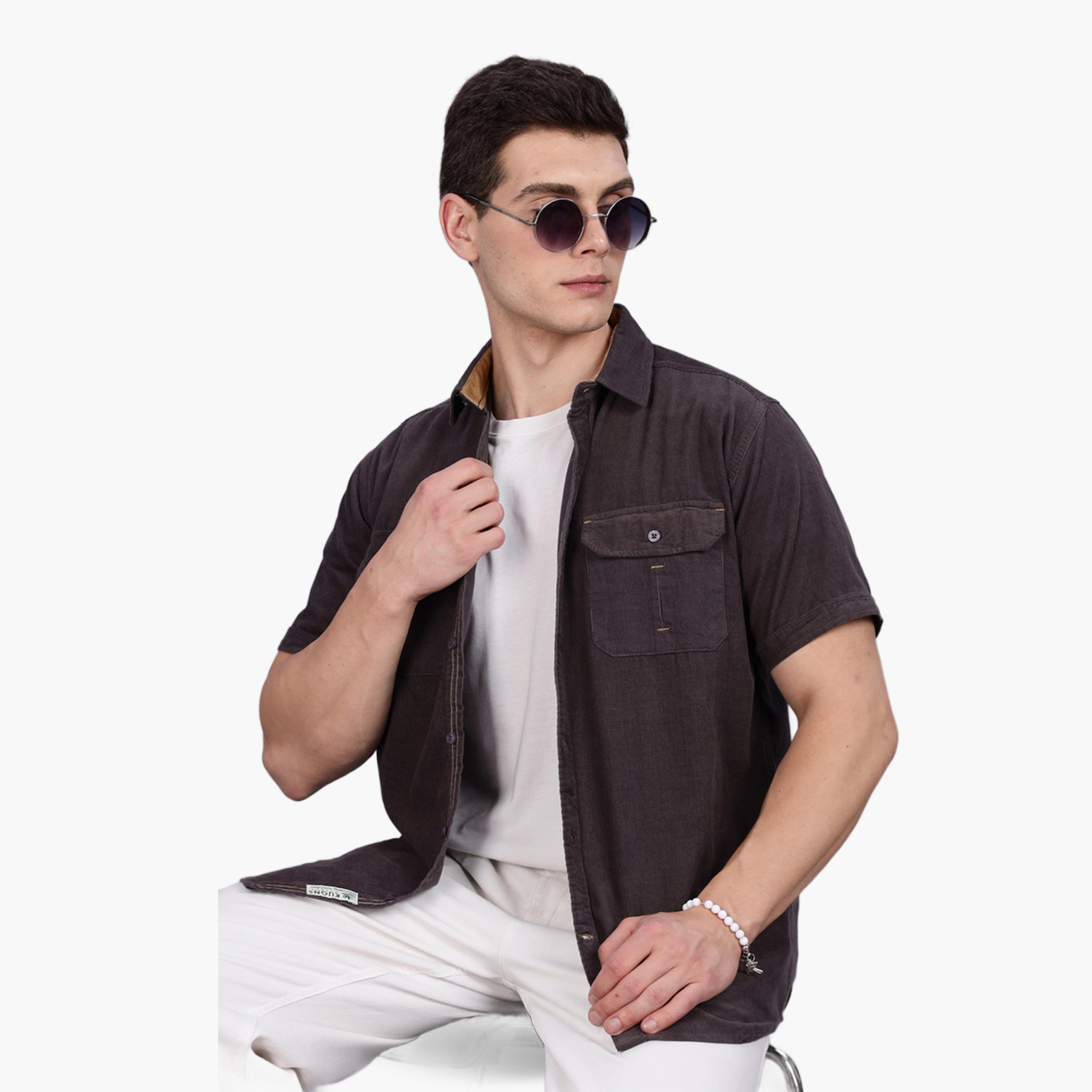 KUONS AVENUE X Styli Men Grey Corduroy Short Sleeve Shirt-men-clothing-shirts-image-6