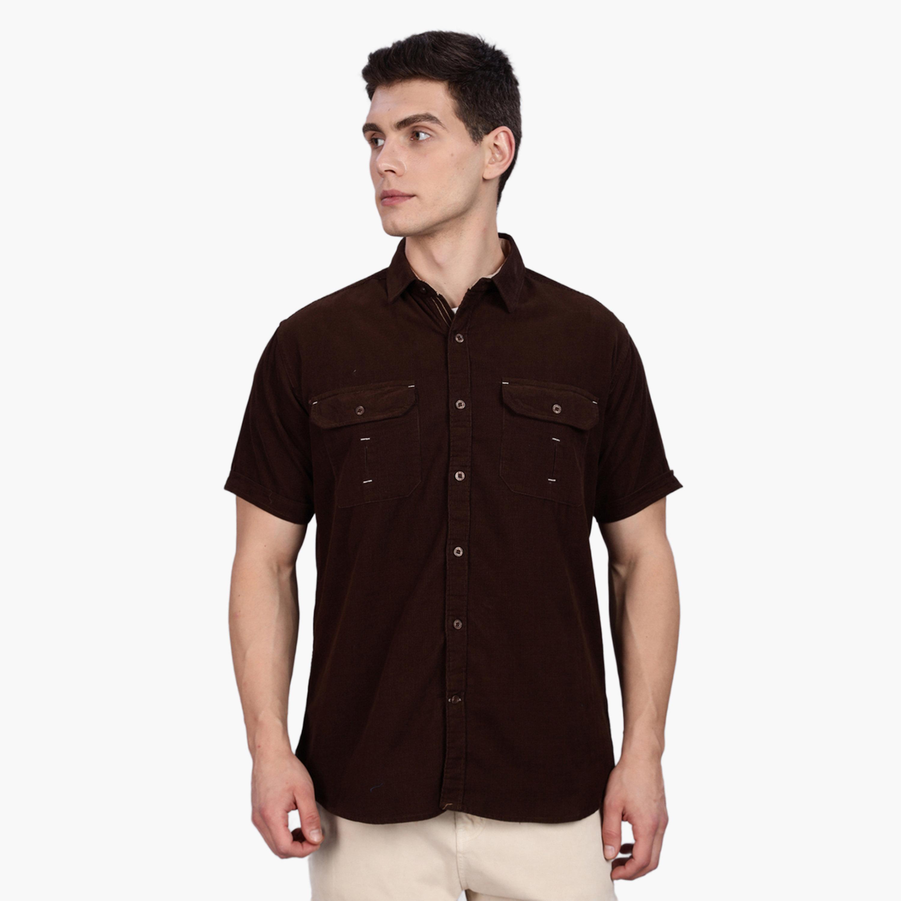 KUONS AVENUE X Styli Men Brown Corduroy Short Sleeve Shirt-men-clothing-shirts-image-1