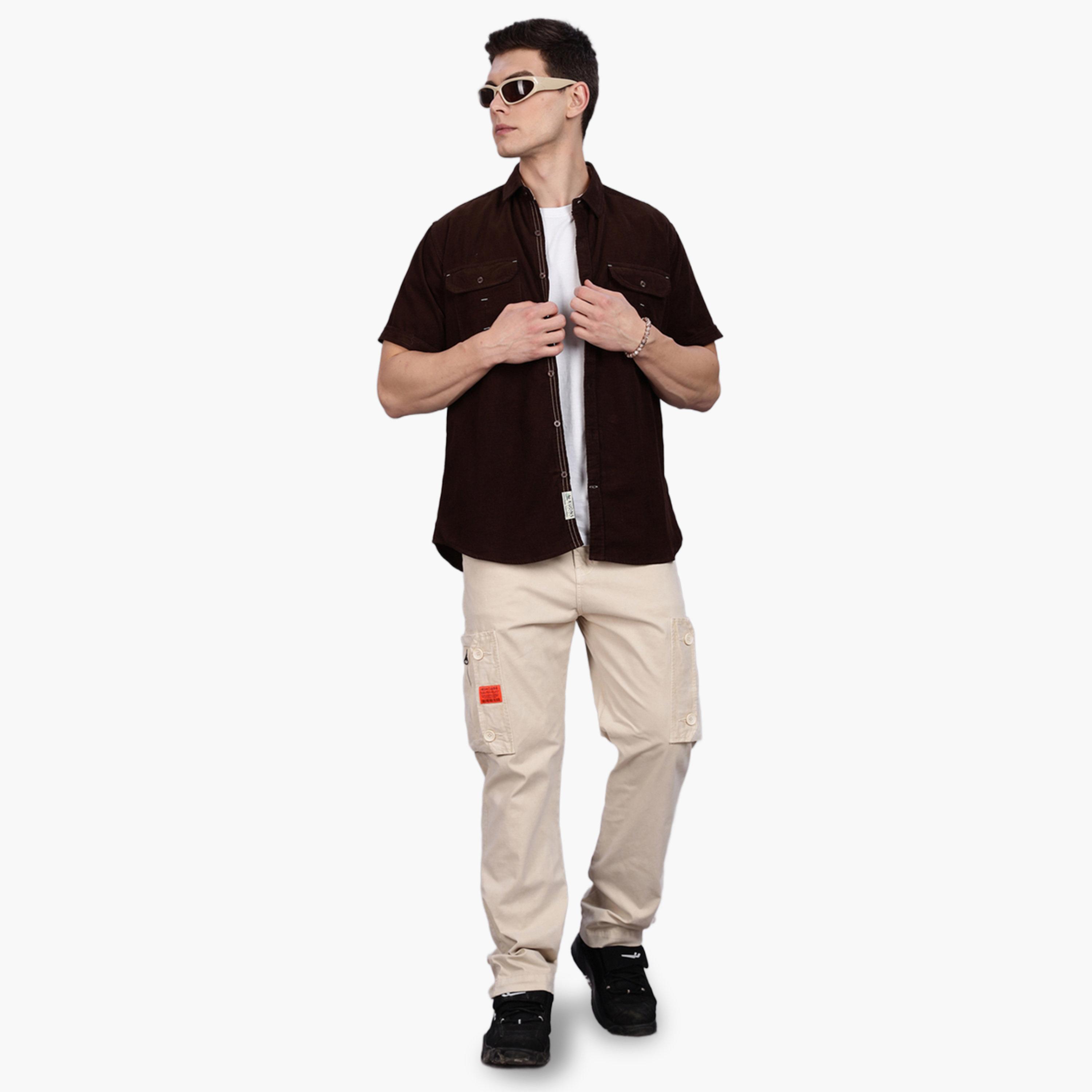 KUONS AVENUE X Styli Men Brown Corduroy Short Sleeve Shirt-men-clothing-shirts-image-2