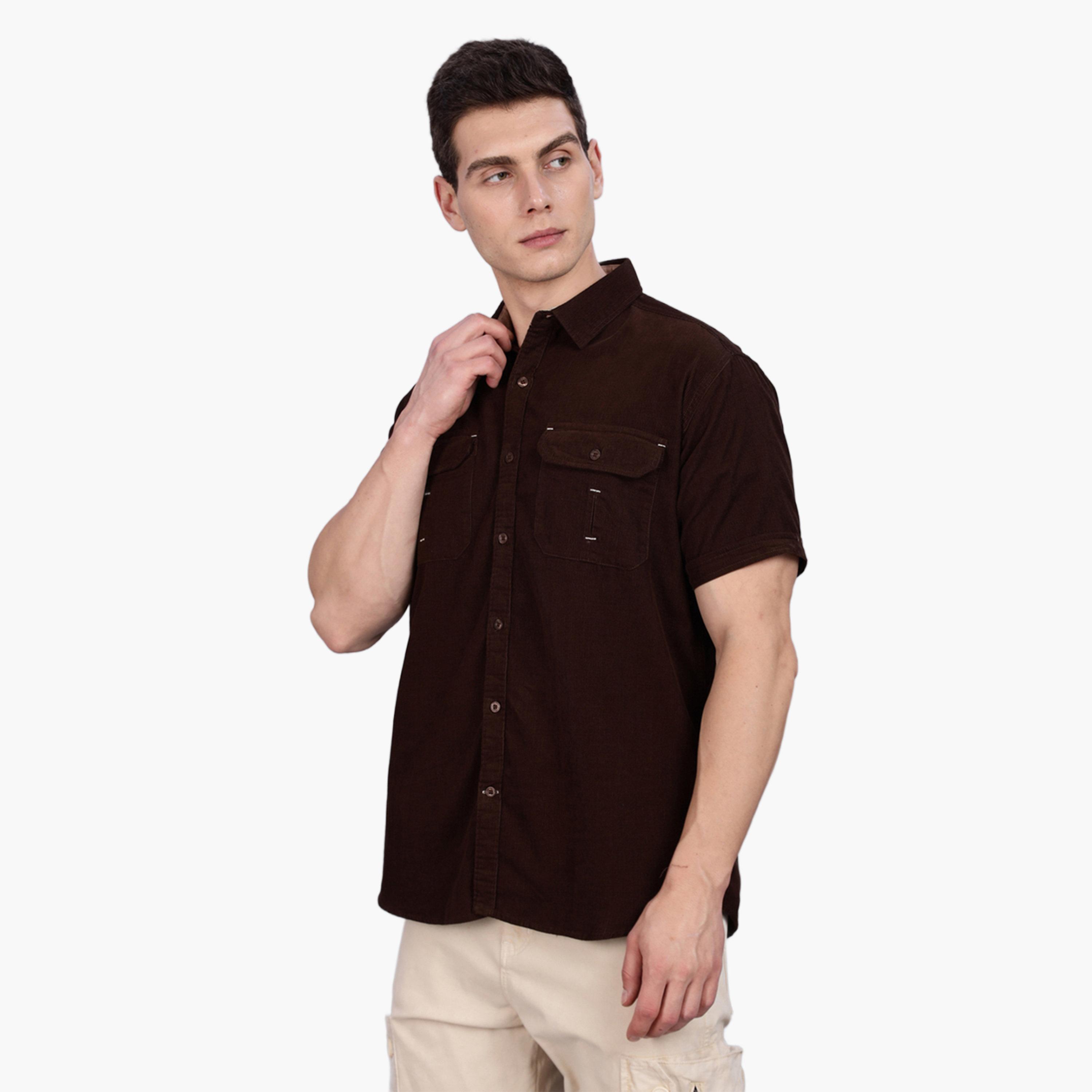 قميص مخمل مضلع بني بأكمام قصيرة-men-clothing-shirts-image-5