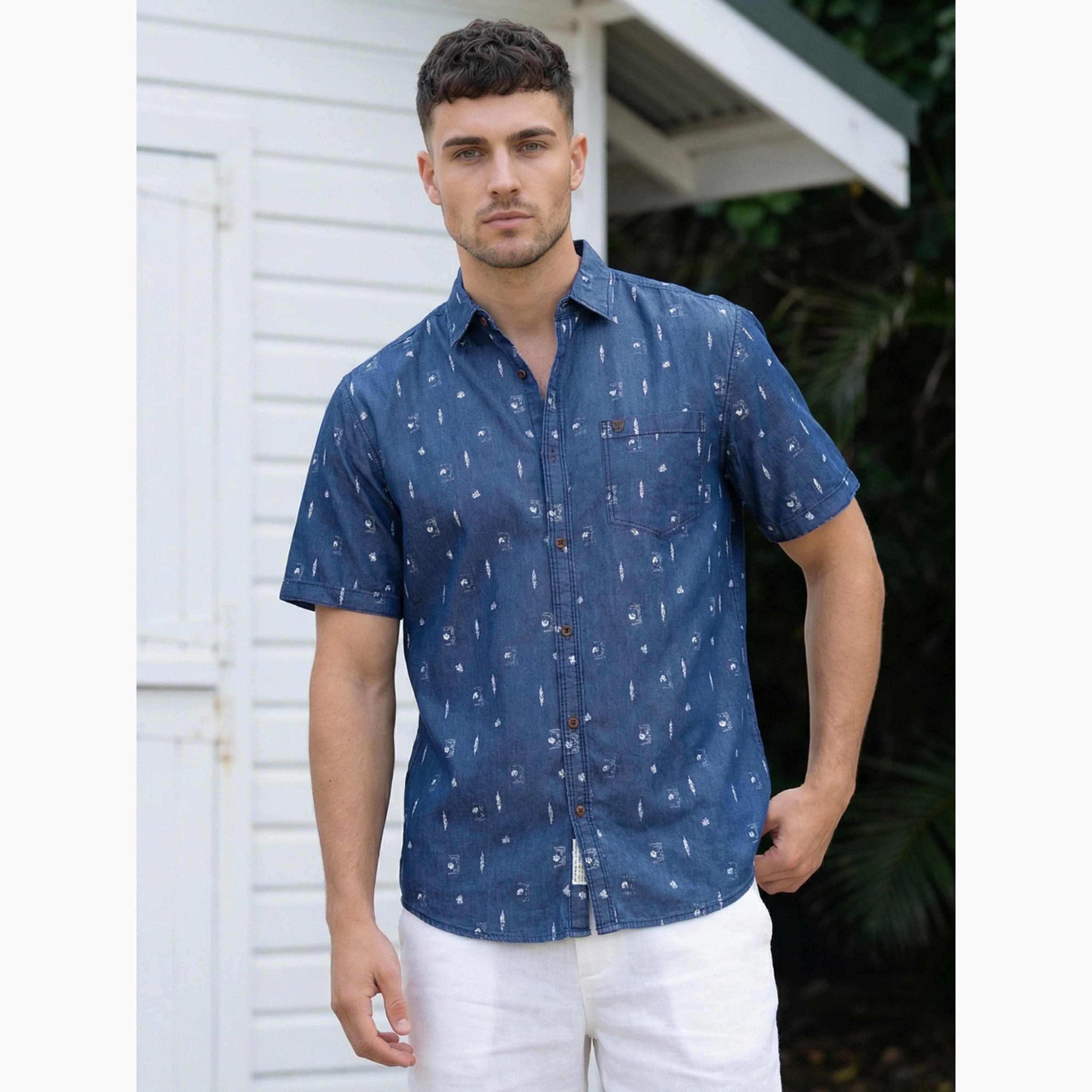 KUONS AVENUE X Styli Men Blue Denim Print Short Sleeve Shirt-men-clothing-shirts-image-1
