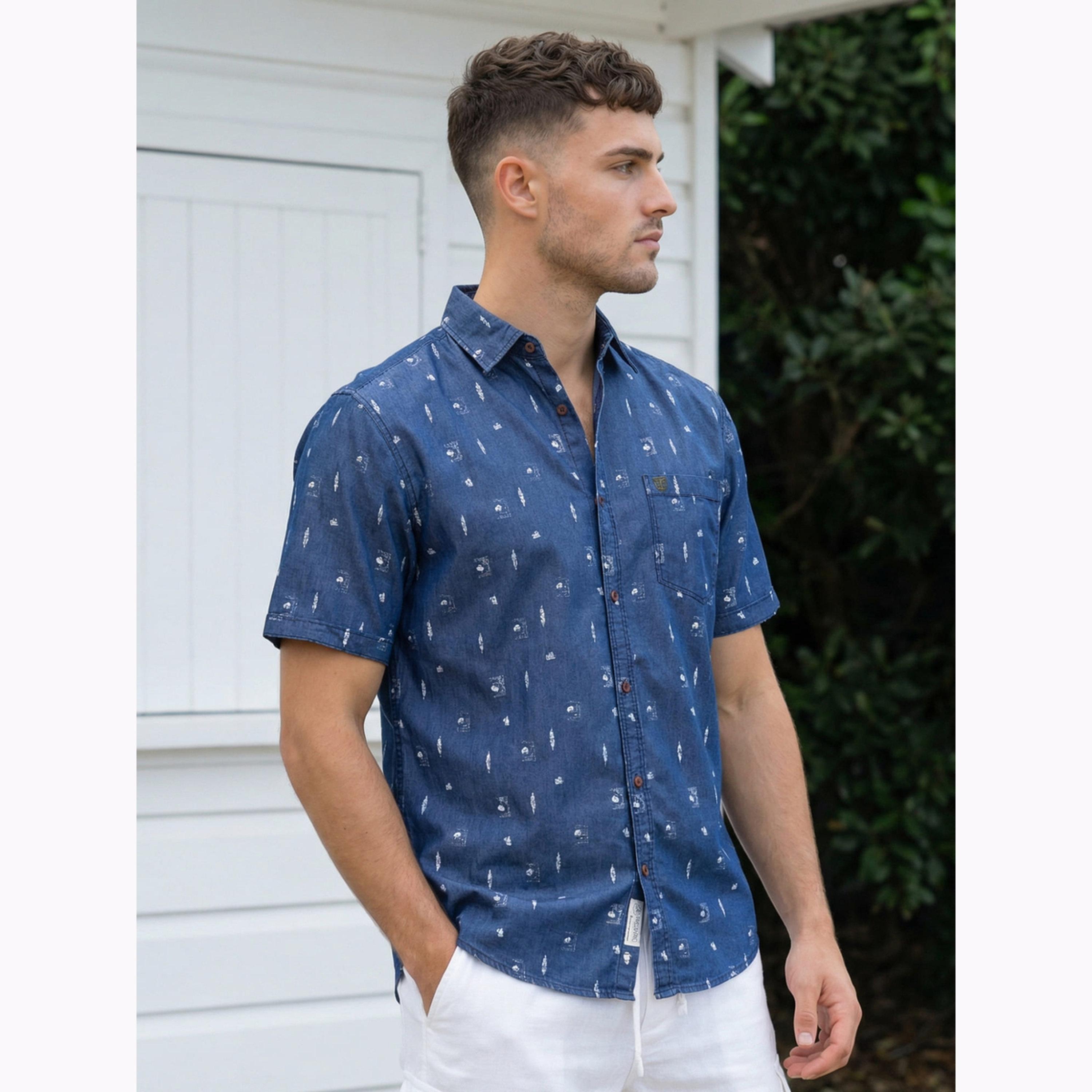 KUONS AVENUE X Styli Men Blue Denim Print Short Sleeve Shirt-men-clothing-shirts-image-3