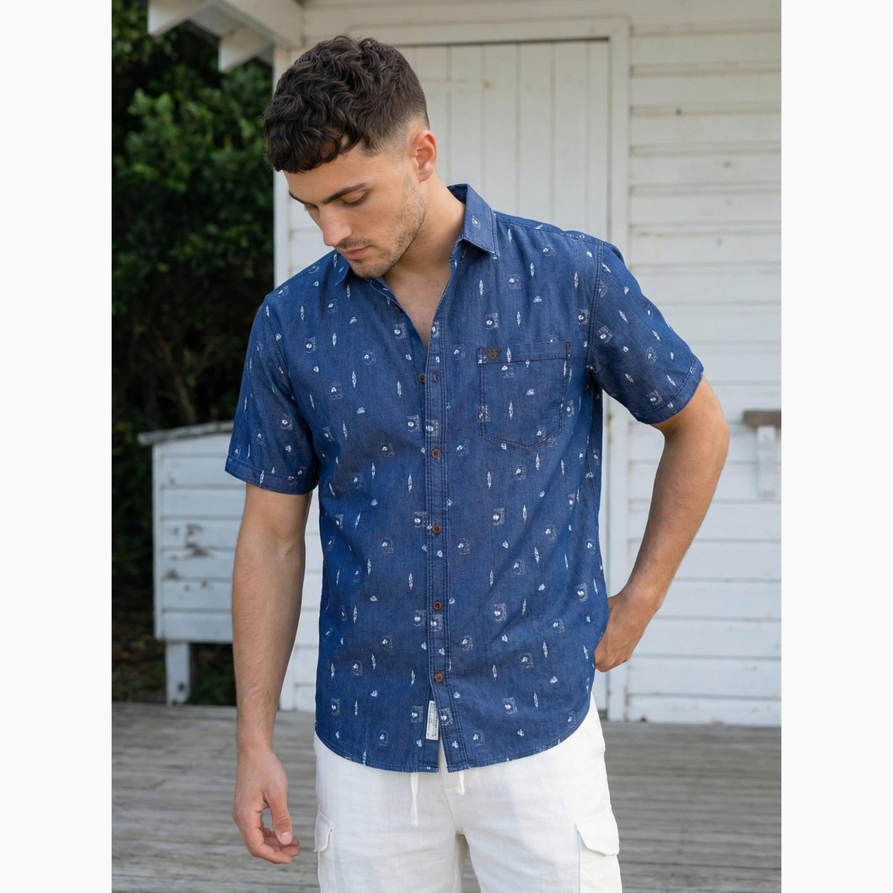KUONS AVENUE X Styli Men Blue Denim Print Short Sleeve Shirt-men-clothing-shirts-image-4