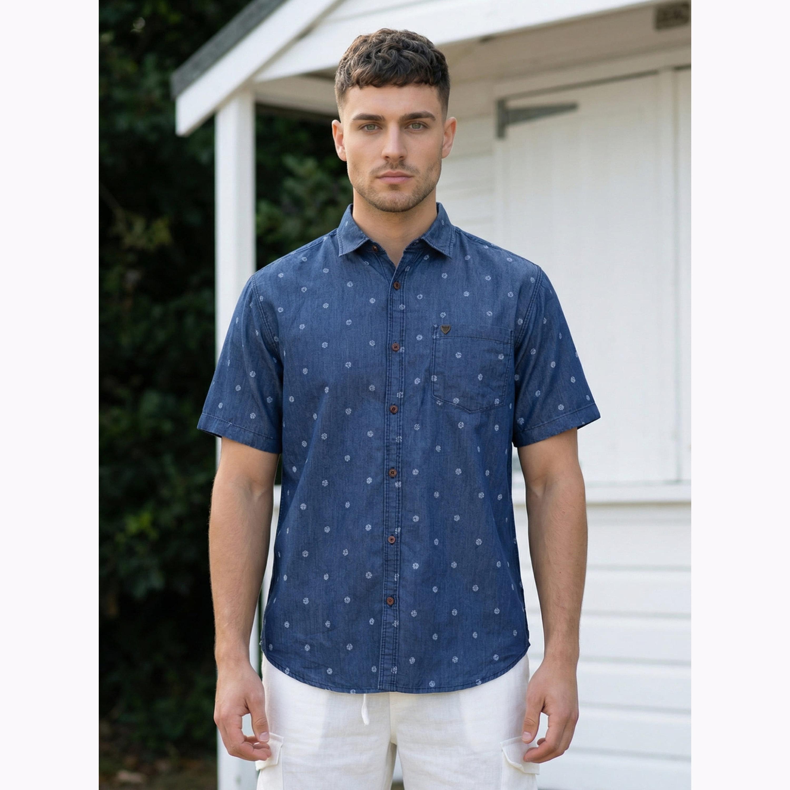 KUONS AVENUE X Styli Men Blue Denim Print Short Sleeve Shirt-men-clothing-shirts-image-1