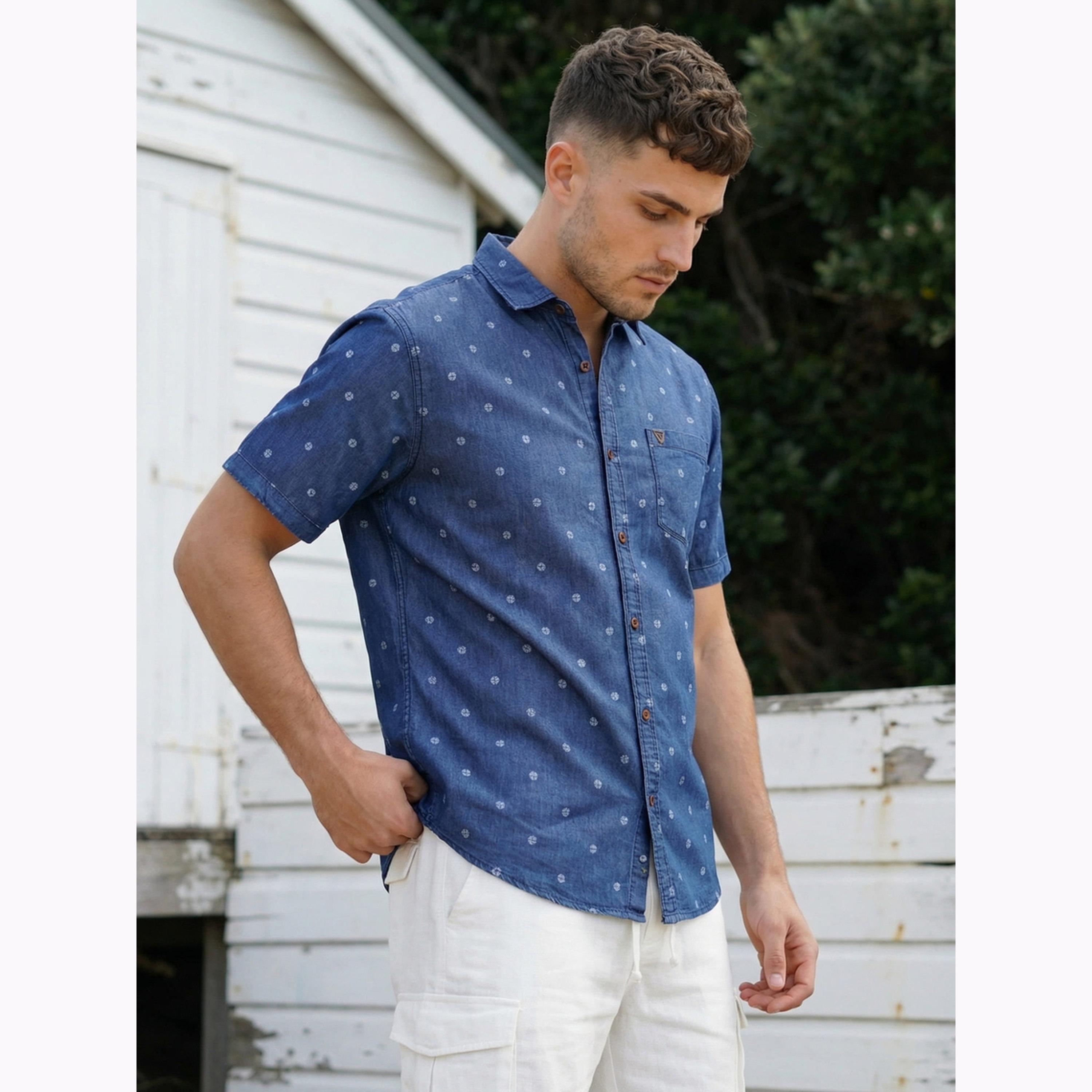 KUONS AVENUE X Styli Men Blue Denim Print Short Sleeve Shirt-men-clothing-shirts-image-3
