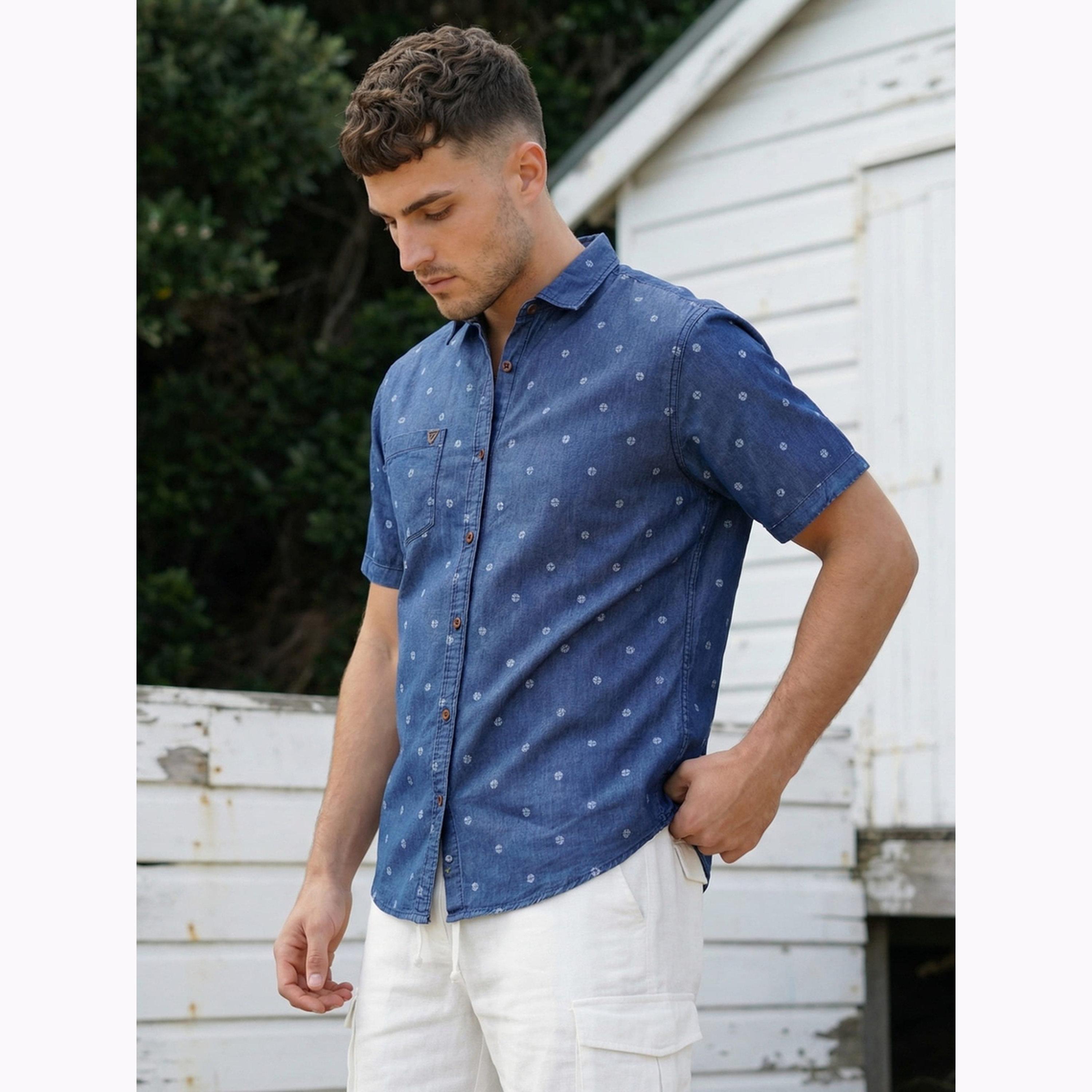 KUONS AVENUE X Styli Men Blue Denim Print Short Sleeve Shirt-men-clothing-shirts-image-4