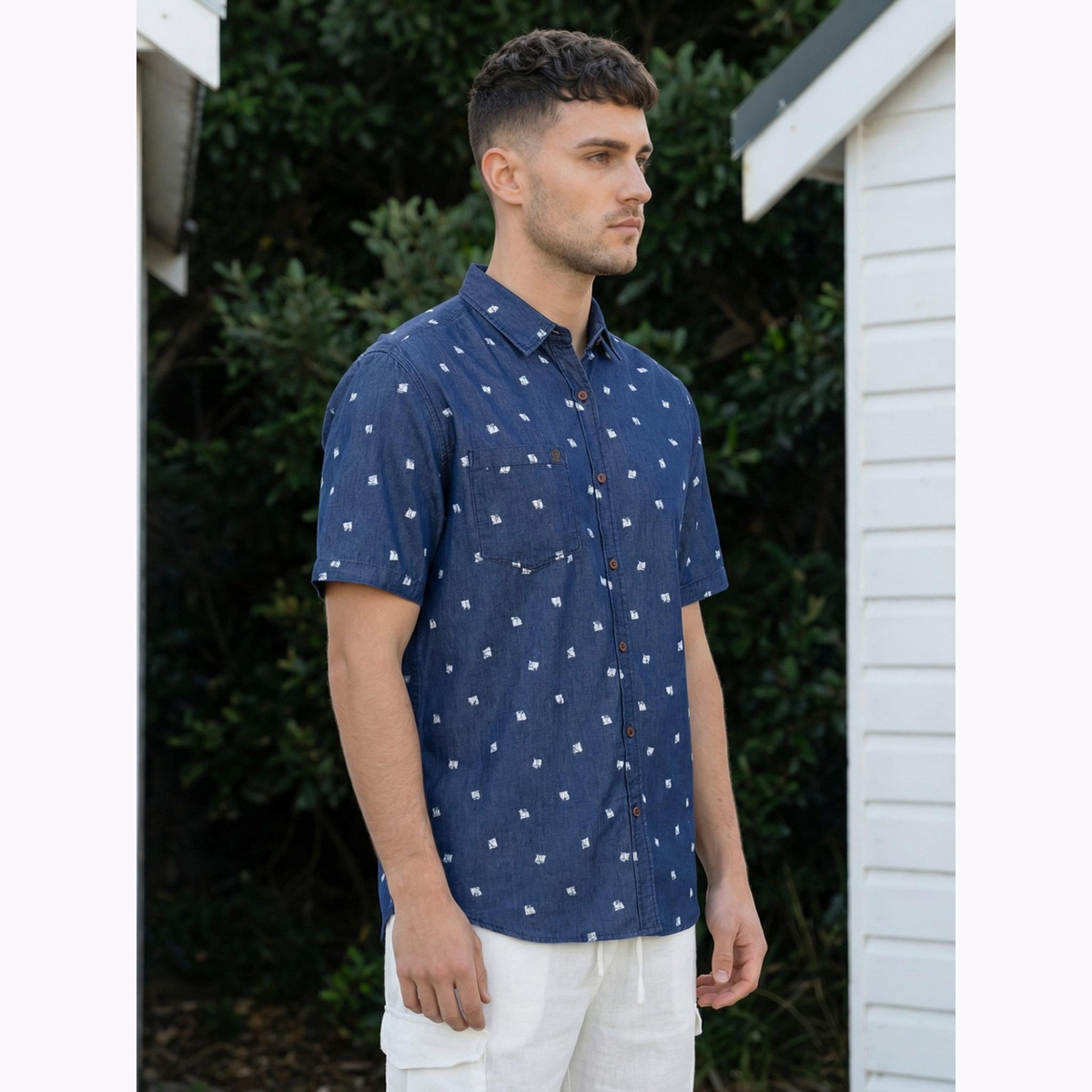 KUONS AVENUE X Styli Men Blue Denim Print Short Sleeve Shirt-men-clothing-shirts-image-4