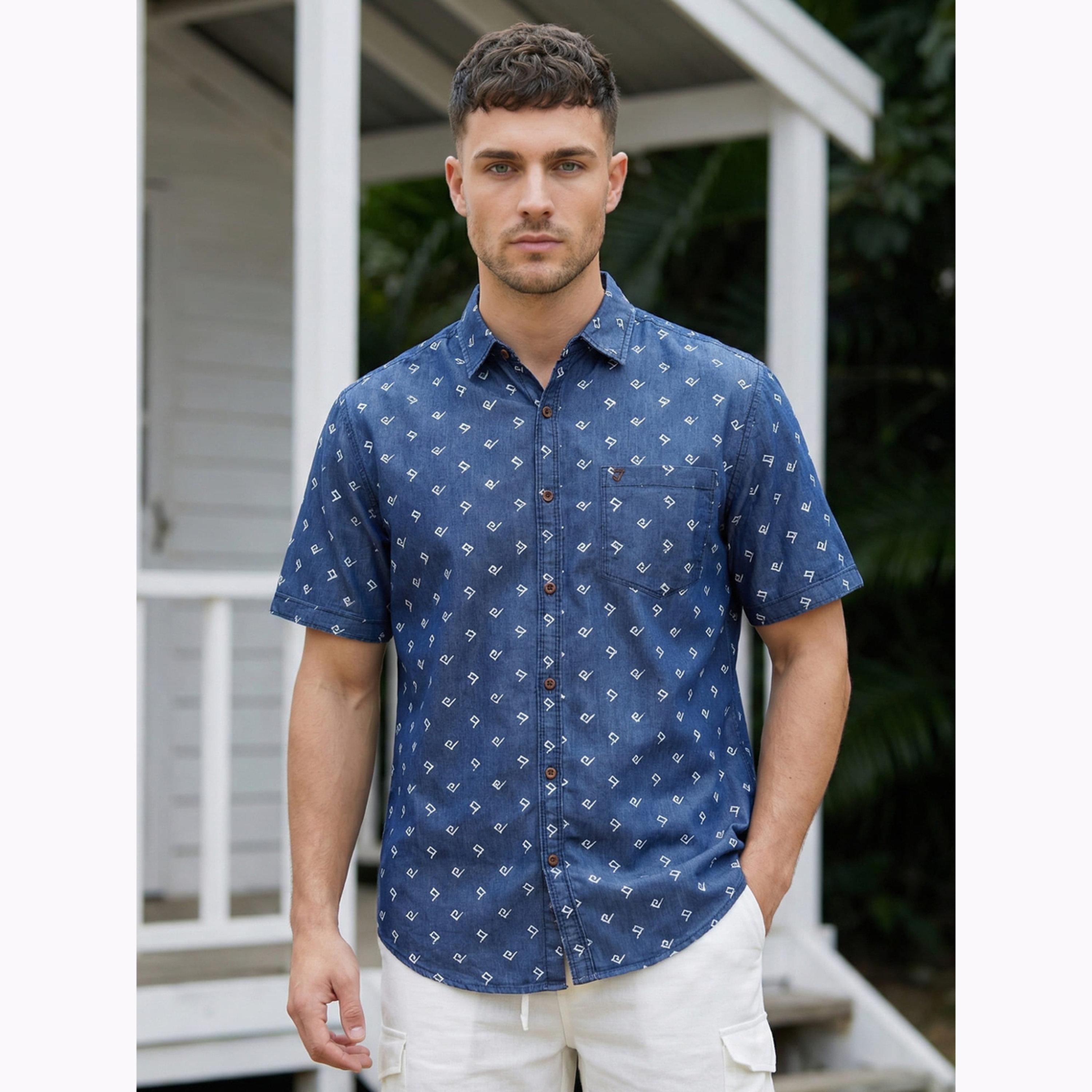 KUONS AVENUE X Styli Men Blue Geometric Print Denim Shirt-men-clothing-shirts-image-1