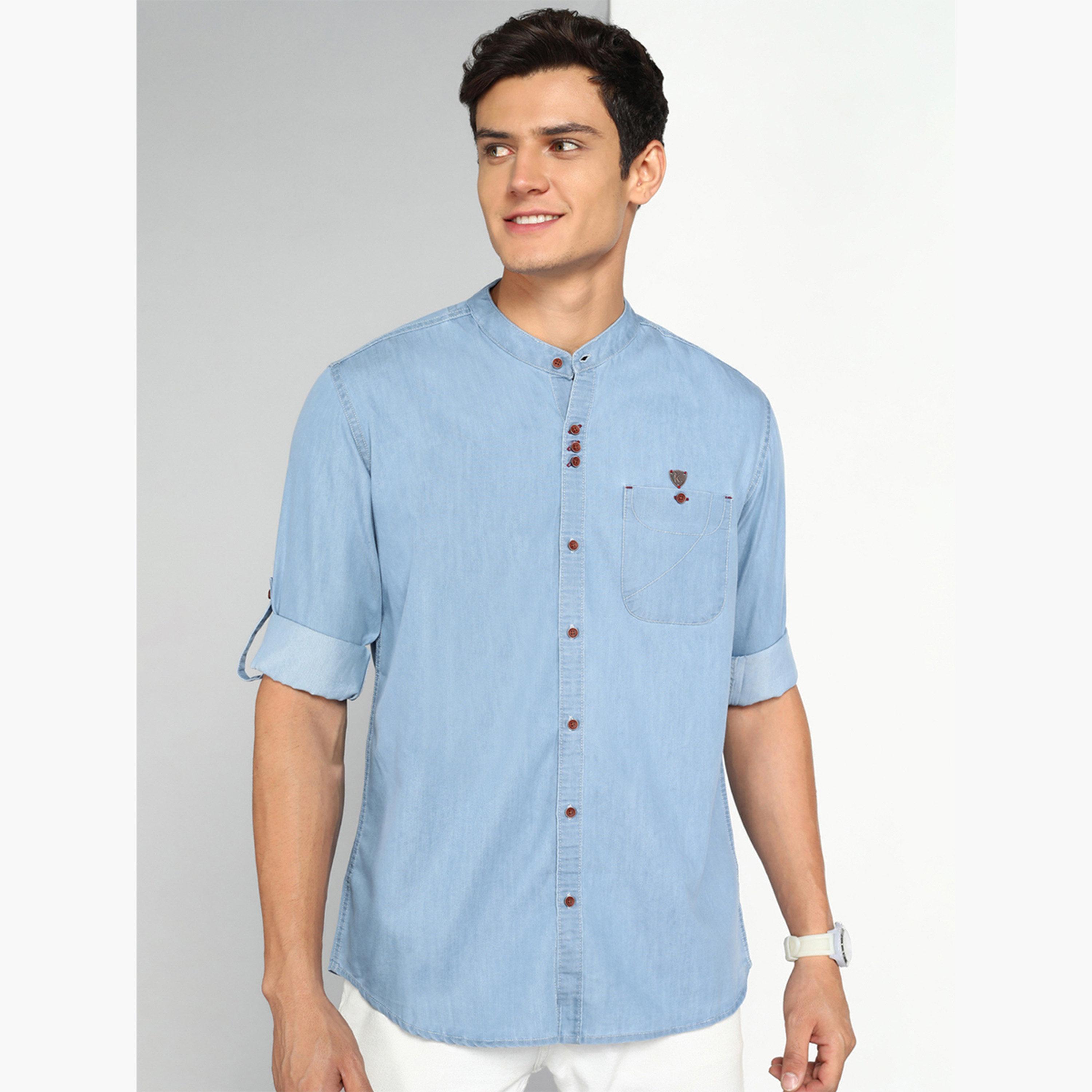 KUONS AVENUE X Styli Men Blue Denim Mandarin Collar Shirt-men-clothing-shirts-image-1