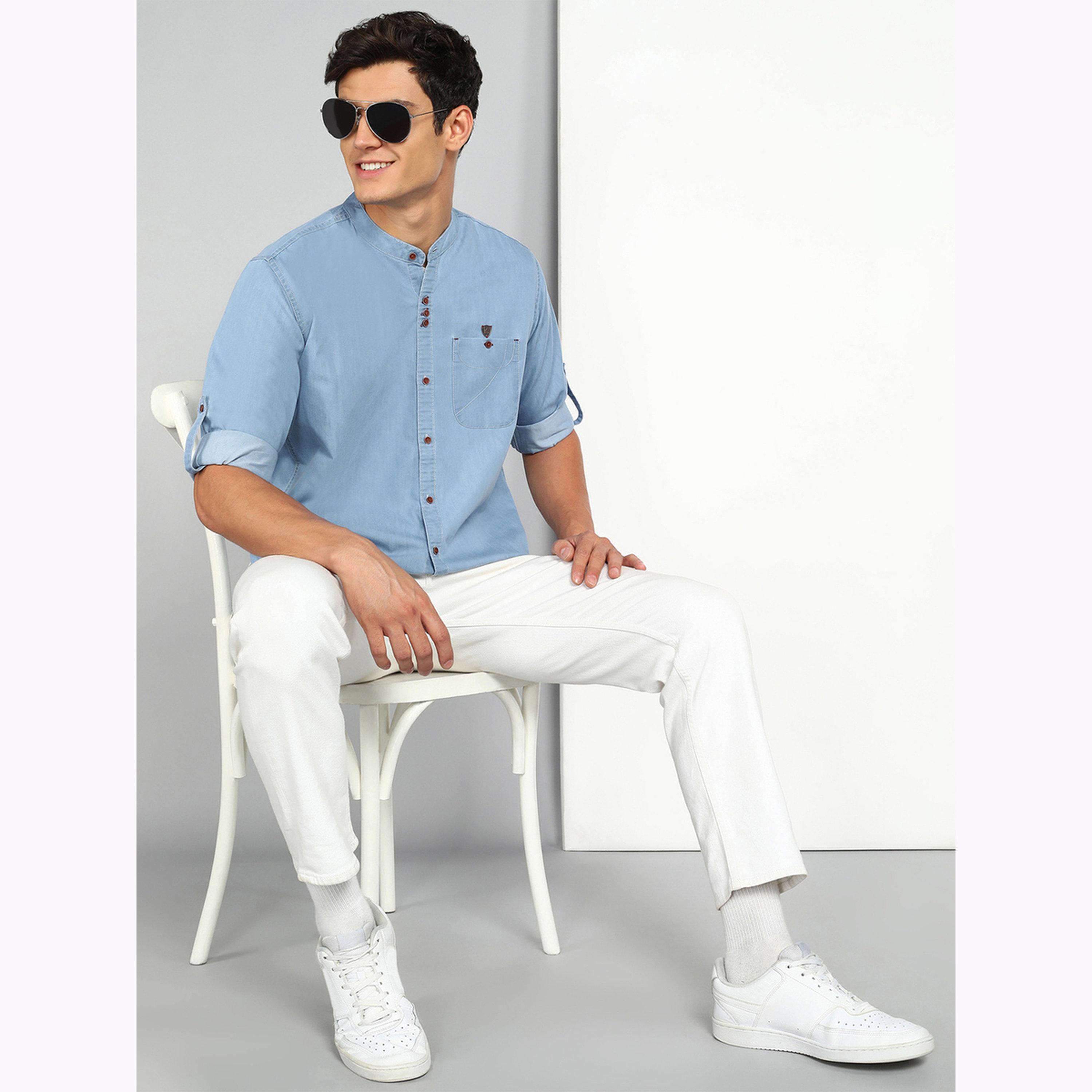 KUONS AVENUE X Styli Men Blue Denim Mandarin Collar Shirt-men-clothing-shirts-image-2