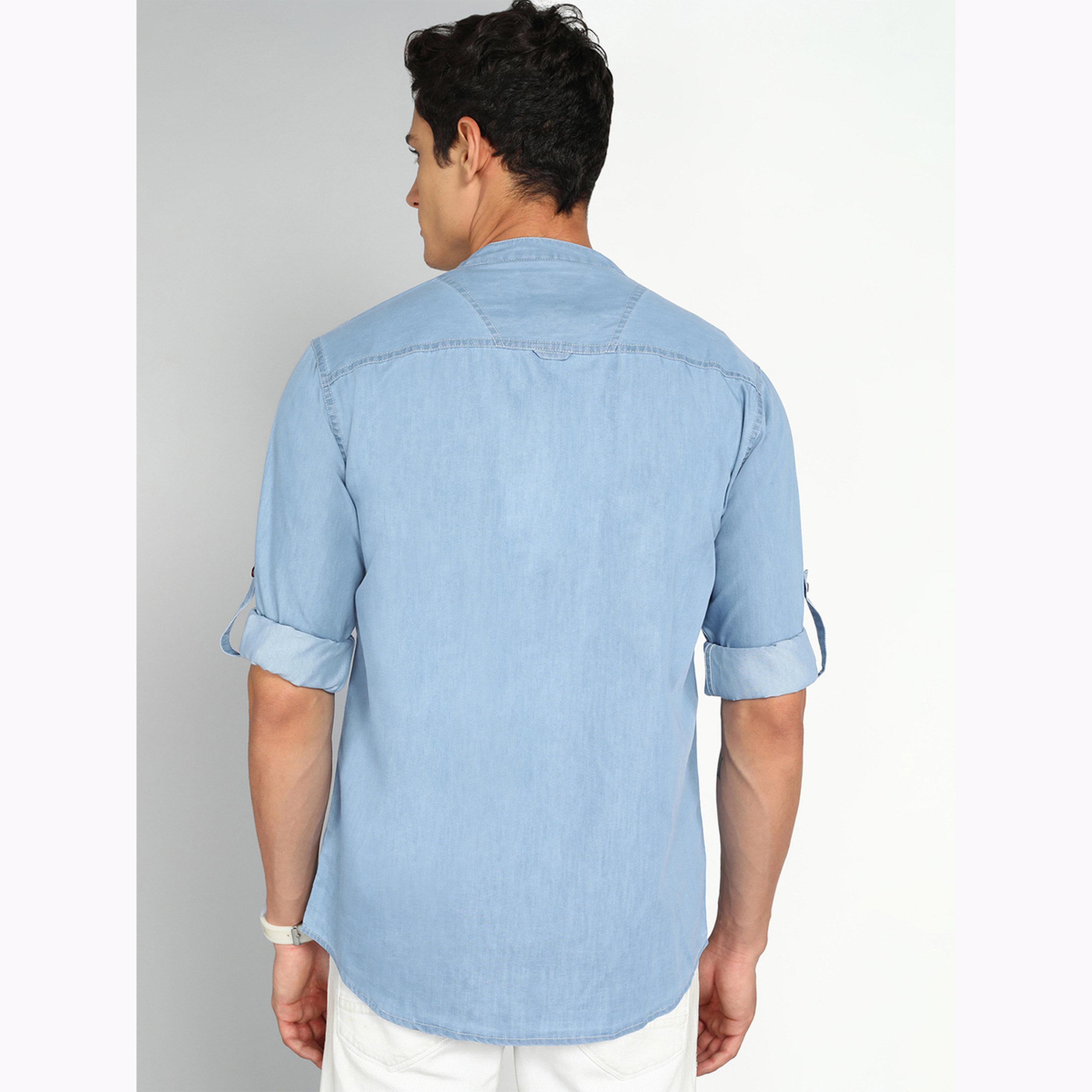 KUONS AVENUE X Styli Men Blue Denim Mandarin Collar Shirt-men-clothing-shirts-image-3