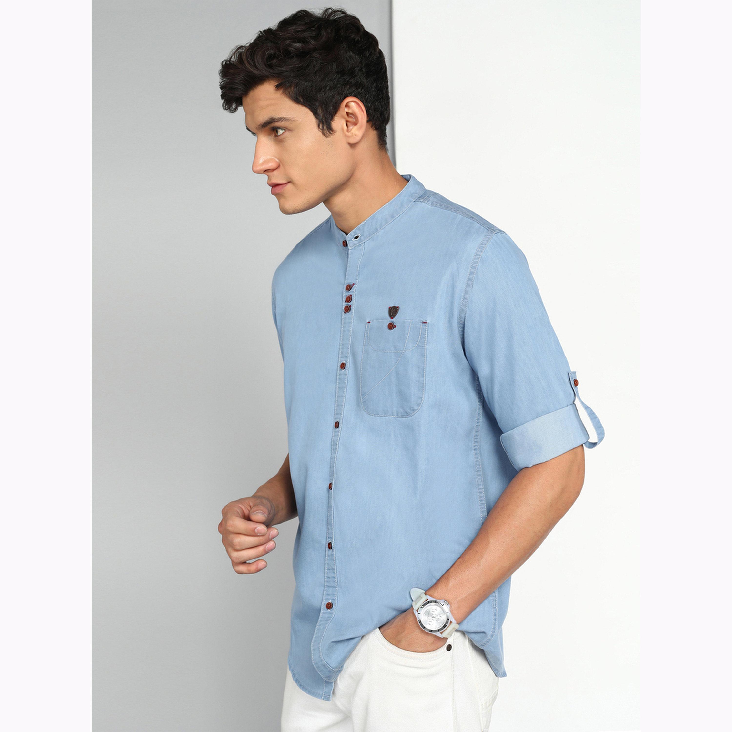 KUONS AVENUE X Styli Men Blue Denim Mandarin Collar Shirt-men-clothing-shirts-image-4