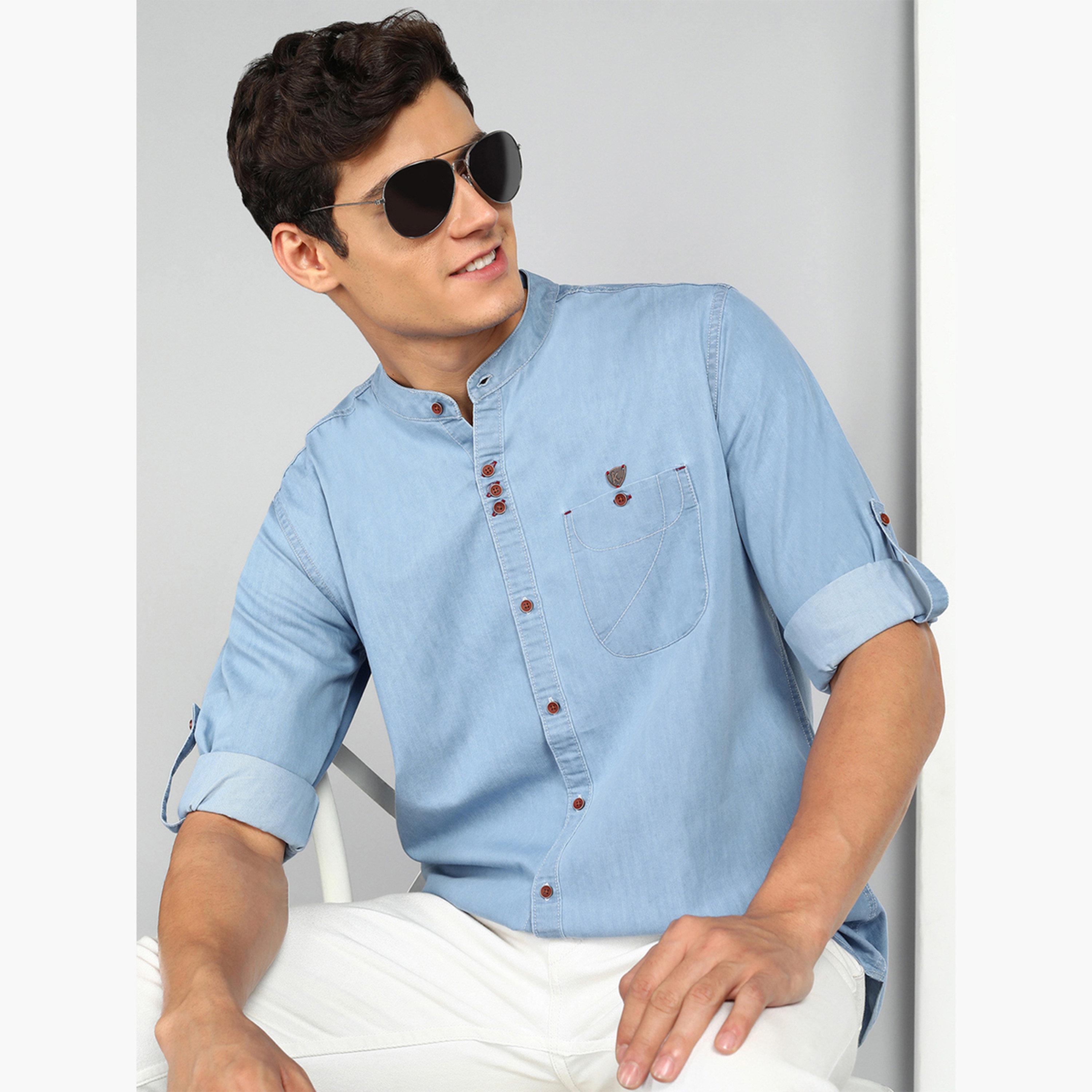 KUONS AVENUE X Styli Men Blue Denim Mandarin Collar Shirt-men-clothing-shirts-image-5