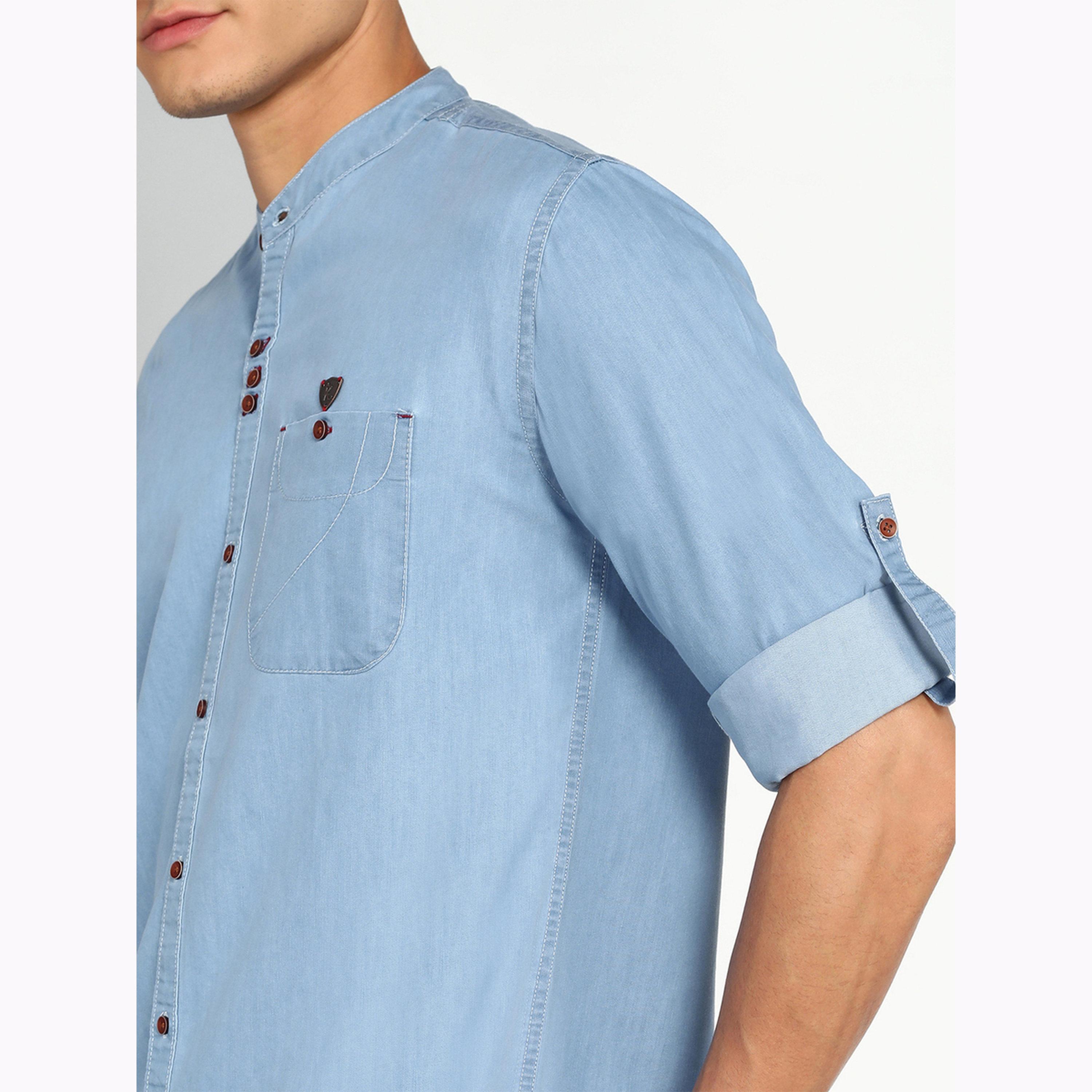 KUONS AVENUE X Styli Men Blue Denim Mandarin Collar Shirt-men-clothing-shirts-image-6