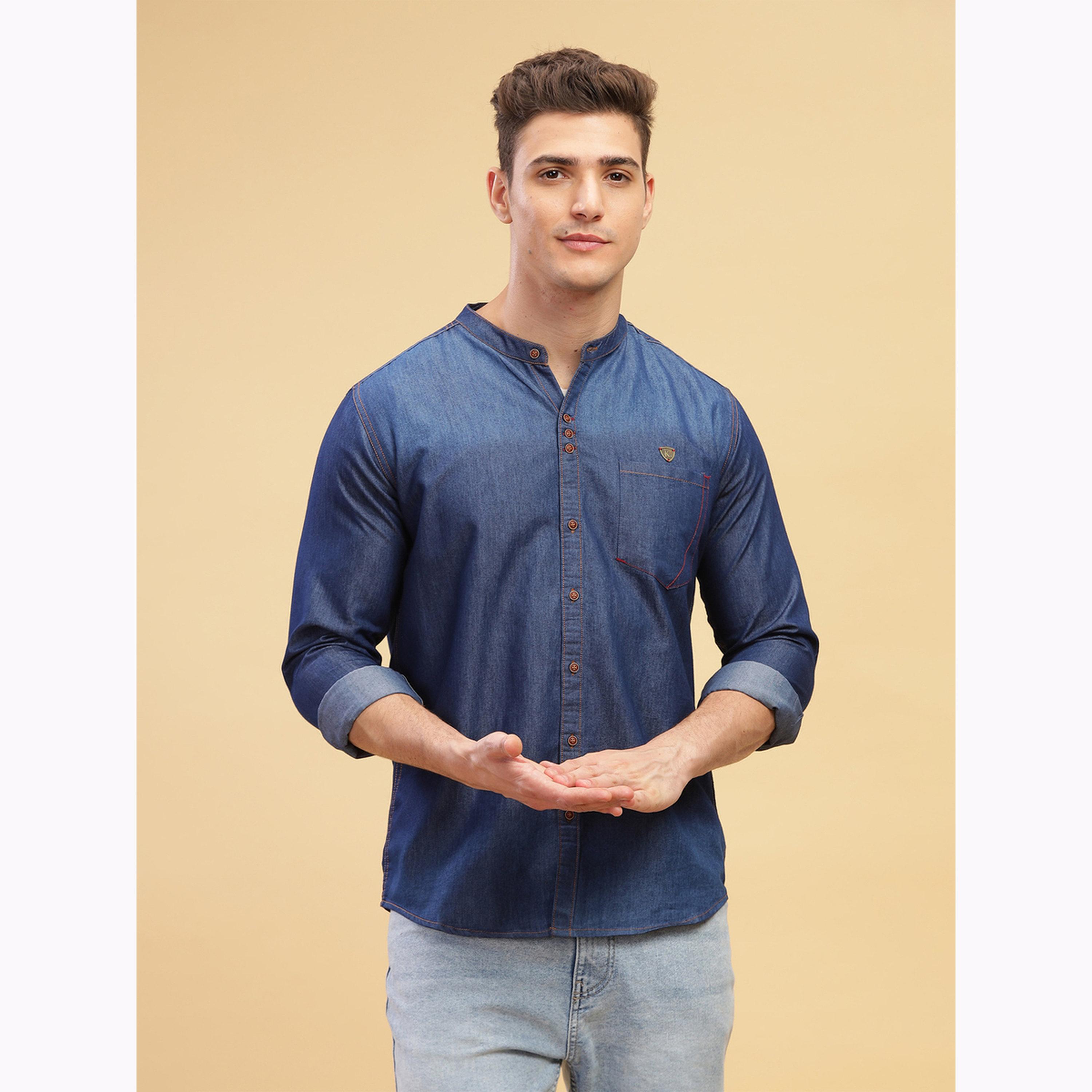 KUONS AVENUE X Styli Men Blue Denim Mandarin Collar Shirt-men-clothing-shirts-image-1