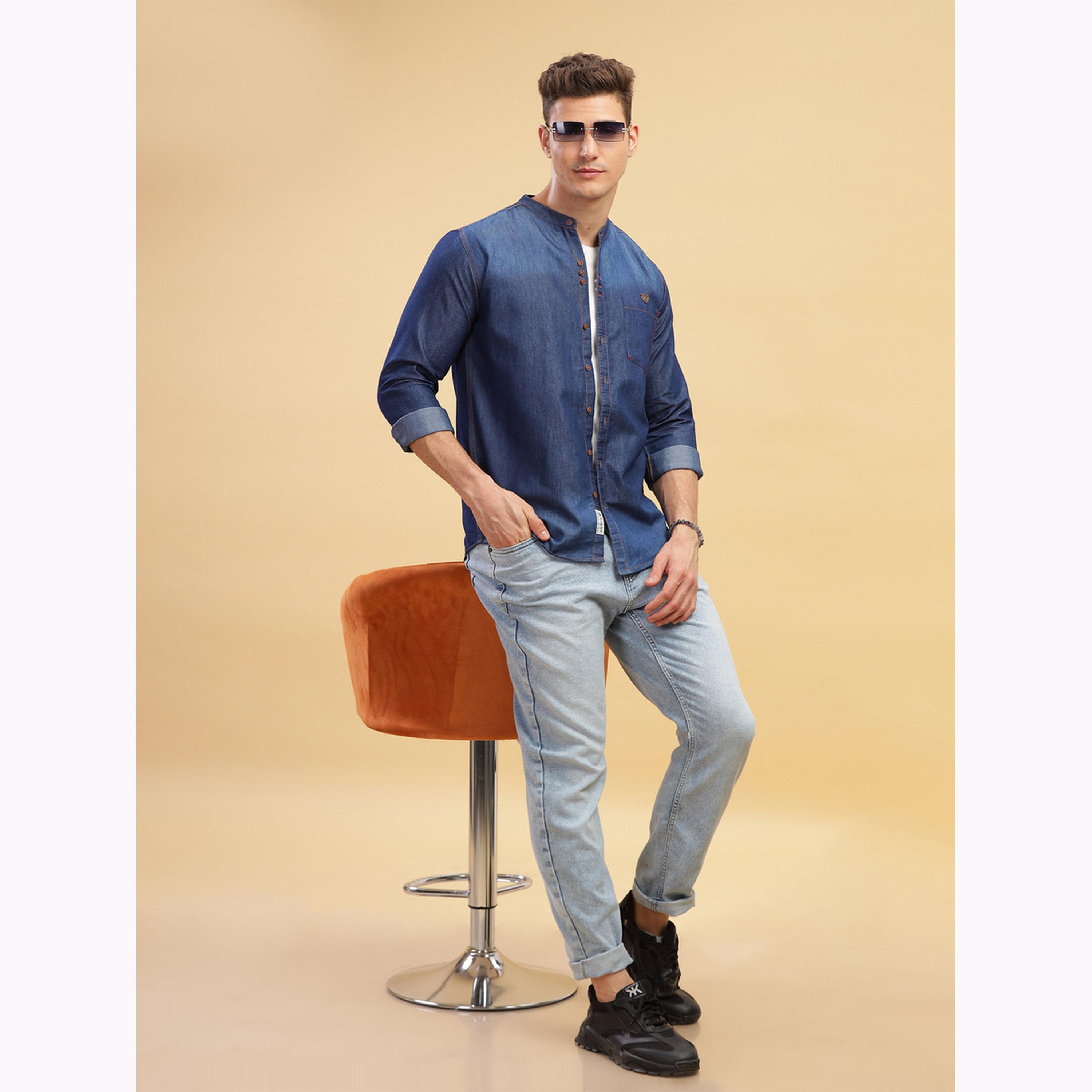 KUONS AVENUE X Styli Men Blue Denim Mandarin Collar Shirt-men-clothing-shirts-image-2