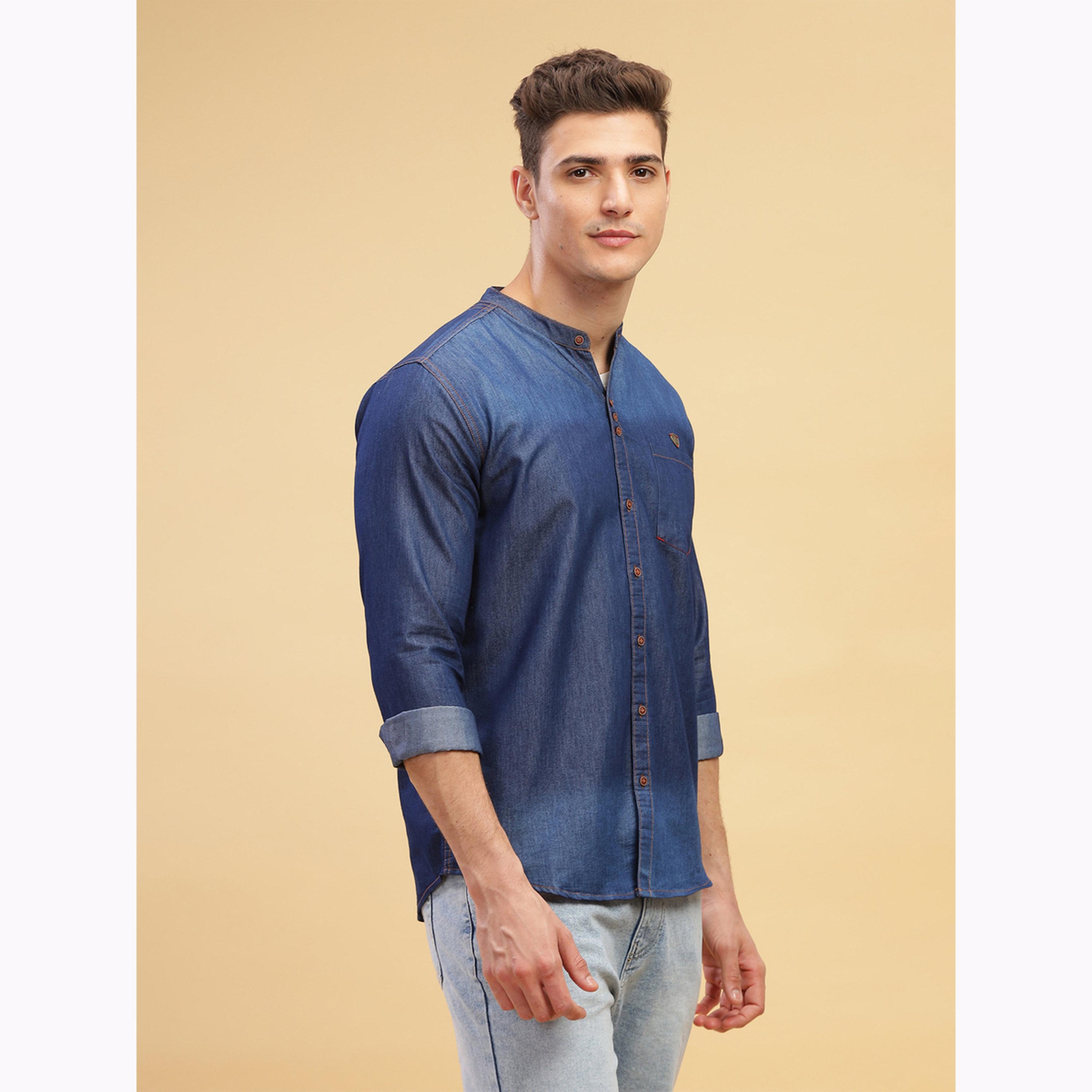 KUONS AVENUE X Styli Men Blue Denim Mandarin Collar Shirt-men-clothing-shirts-image-4