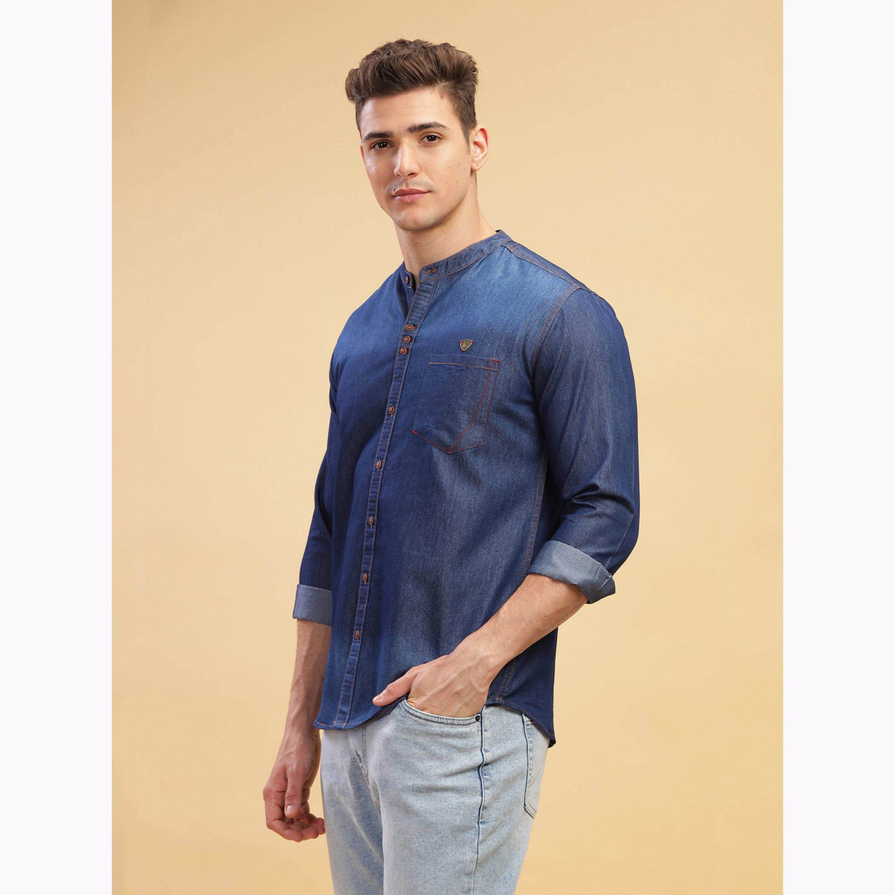 KUONS AVENUE X Styli Men Blue Denim Mandarin Collar Shirt-men-clothing-shirts-image-5
