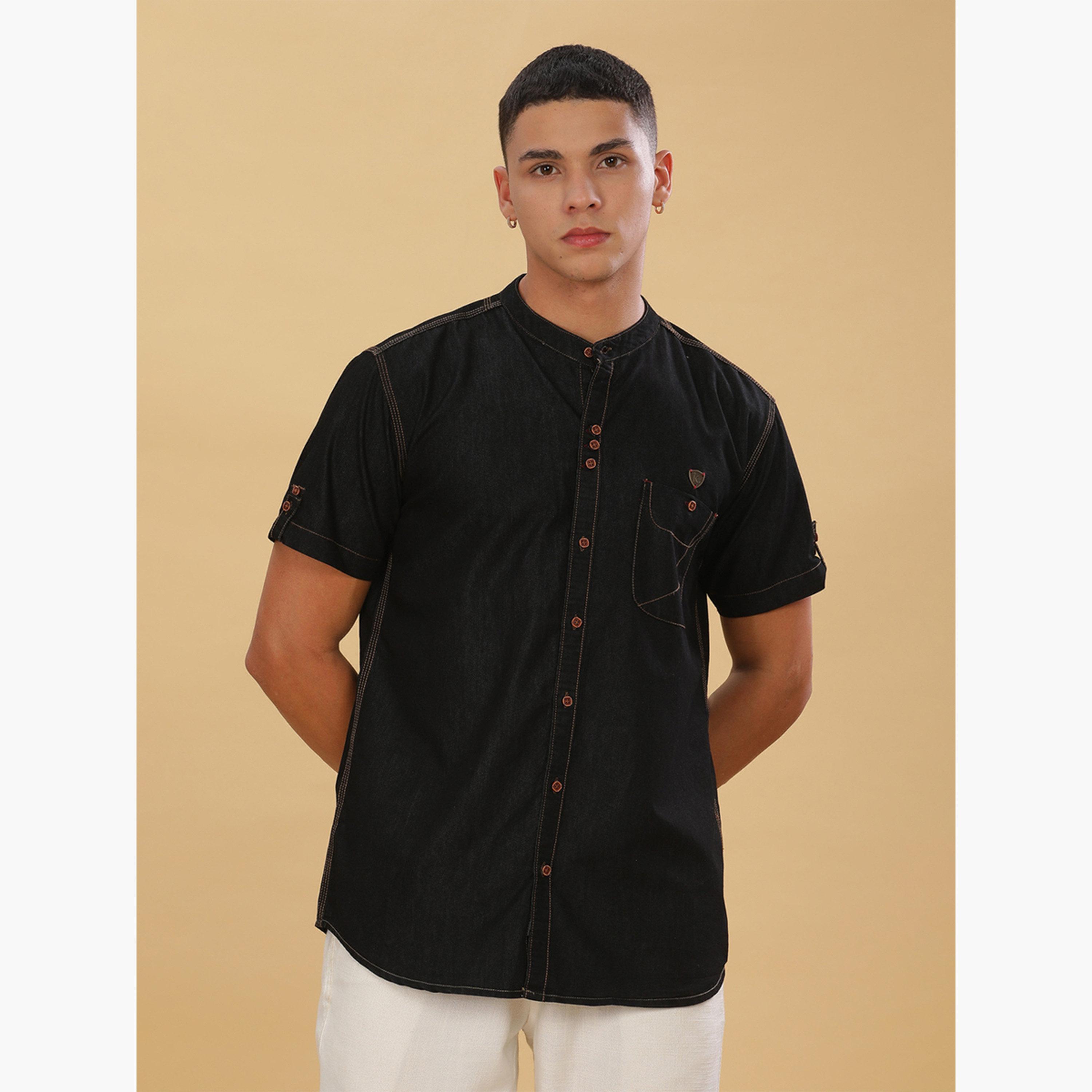 قميص دنيم رجالي أسود بياقة ماندارين-men-clothing-shirts-image-1