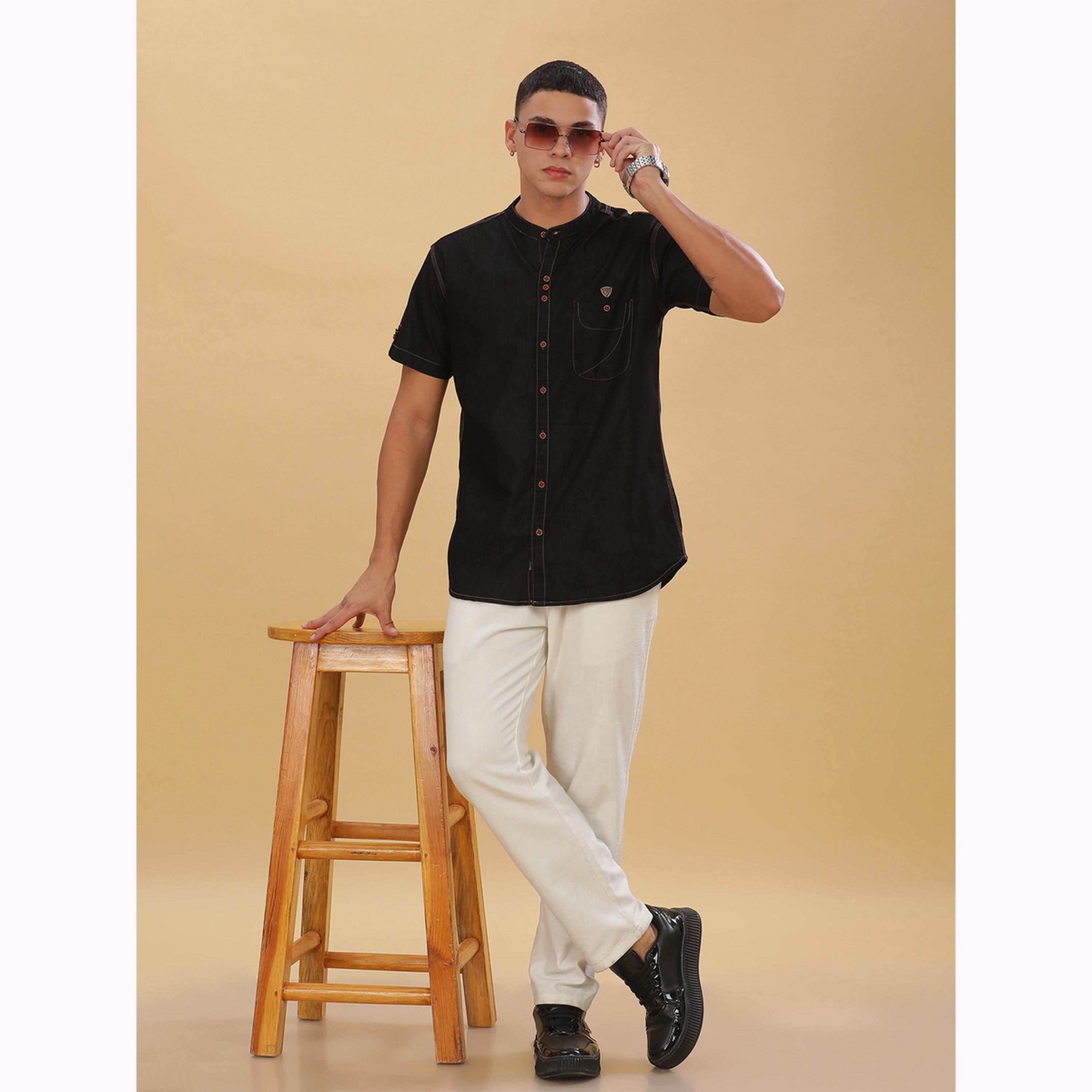 قميص دنيم رجالي أسود بياقة ماندارين-men-clothing-shirts-image-2