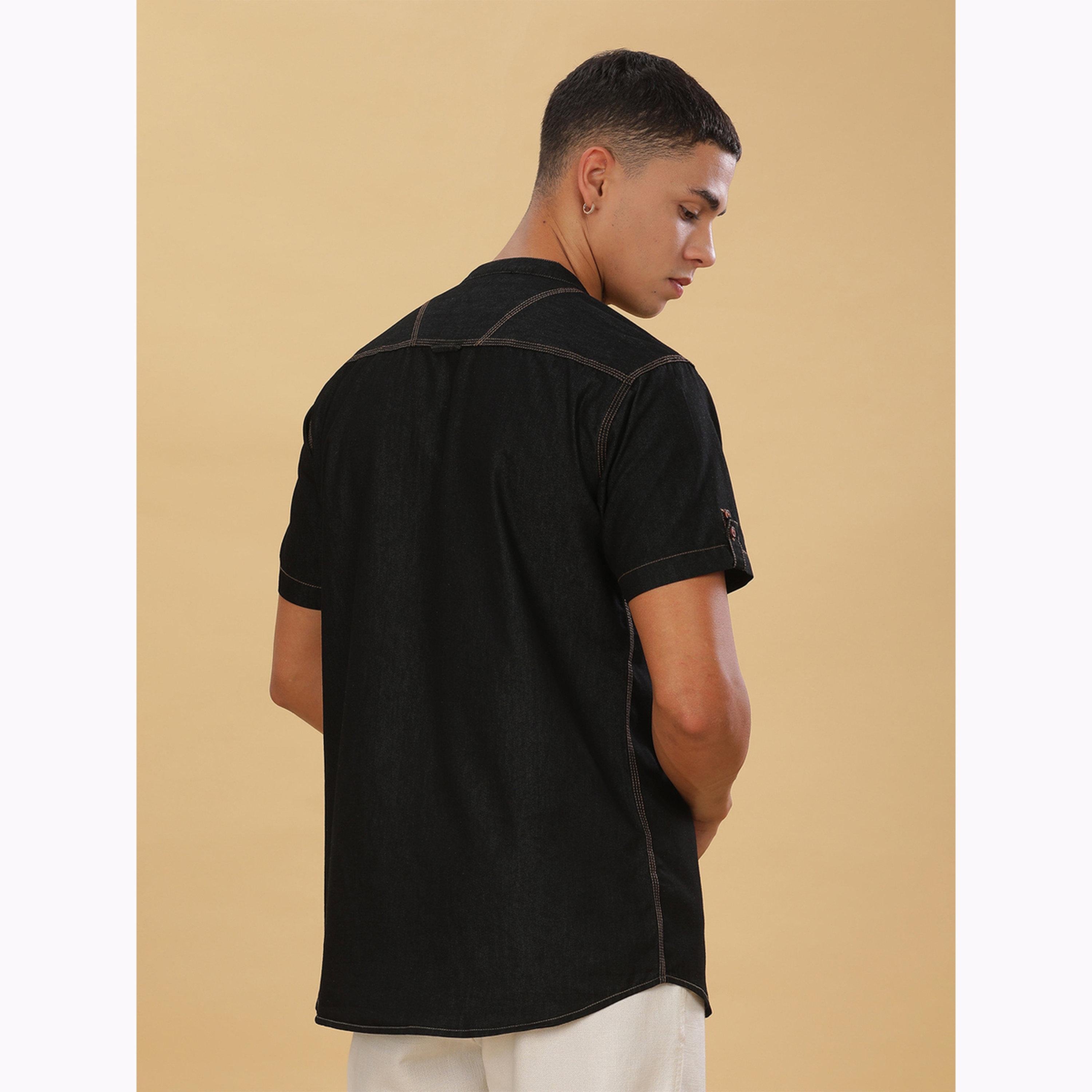 قميص دنيم رجالي أسود بياقة ماندارين-men-clothing-shirts-image-3