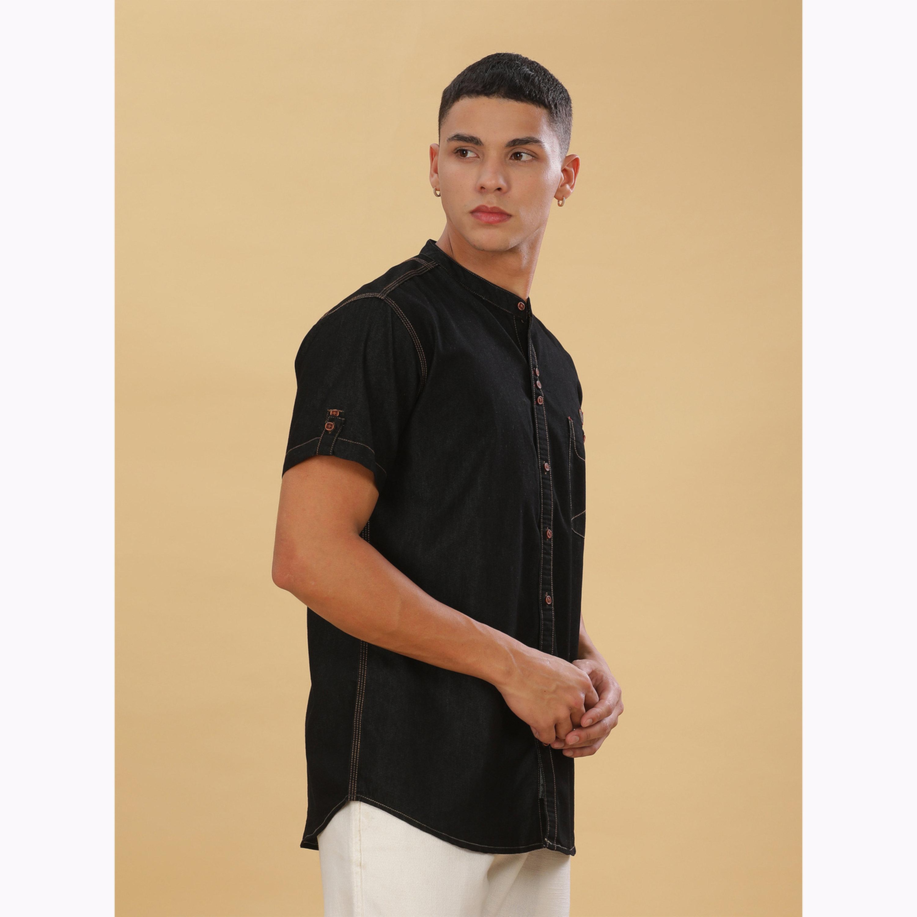 KUONS AVENUE X Styli Men Black Denim Mandarin Collar Shirt-men-clothing-shirts-image-4
