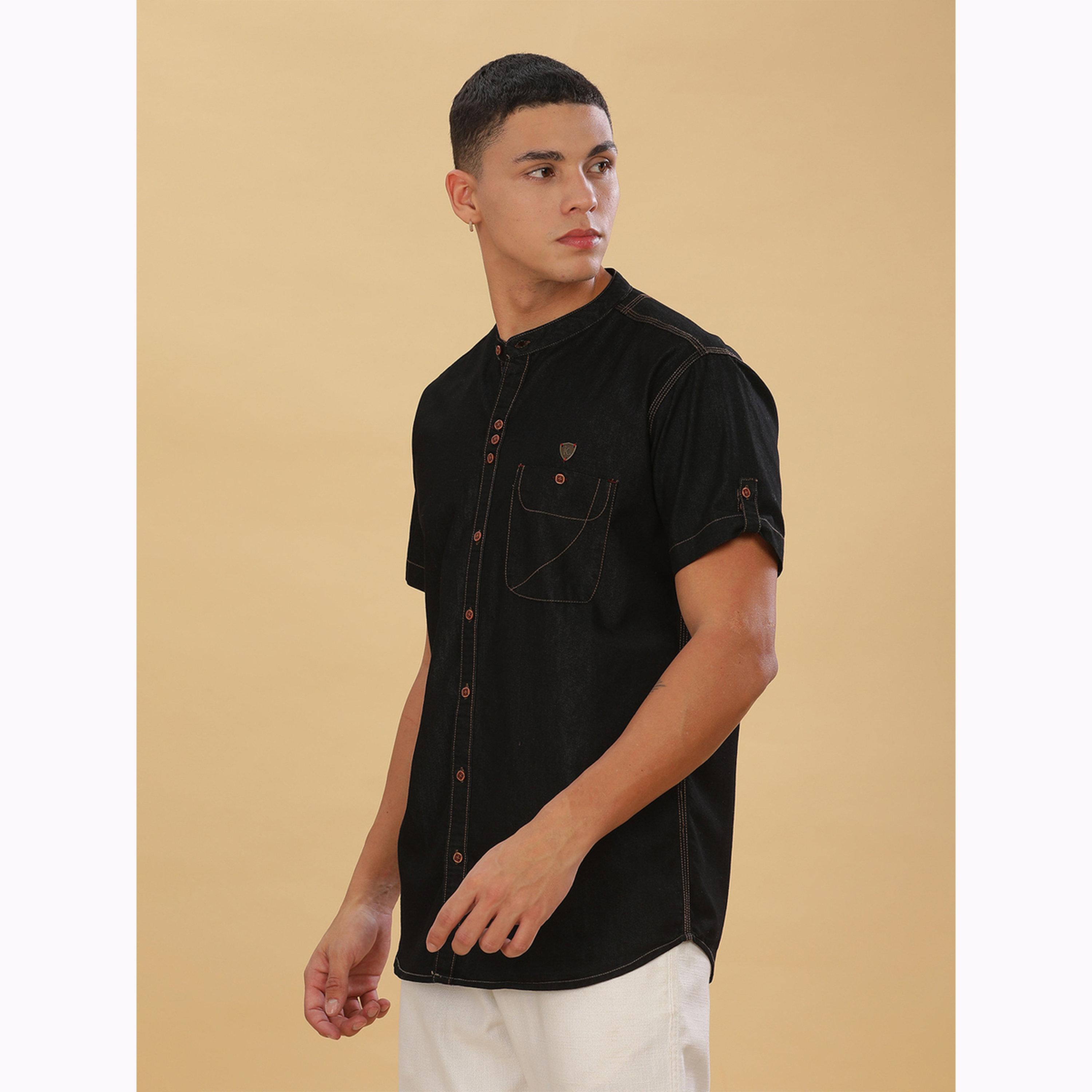 قميص دنيم رجالي أسود بياقة ماندارين-men-clothing-shirts-image-5
