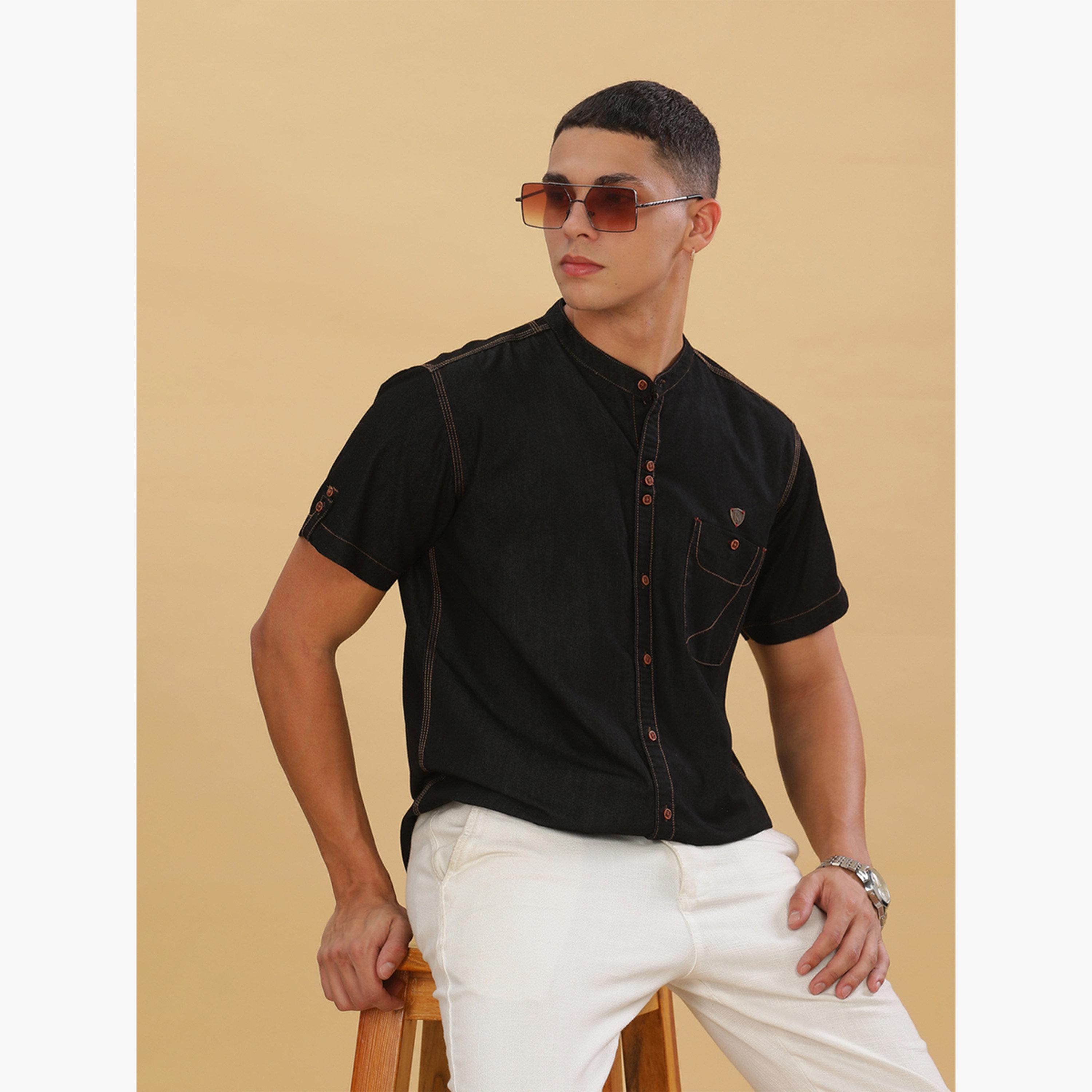 KUONS AVENUE X Styli Men Black Denim Mandarin Collar Shirt-men-clothing-shirts-image-6