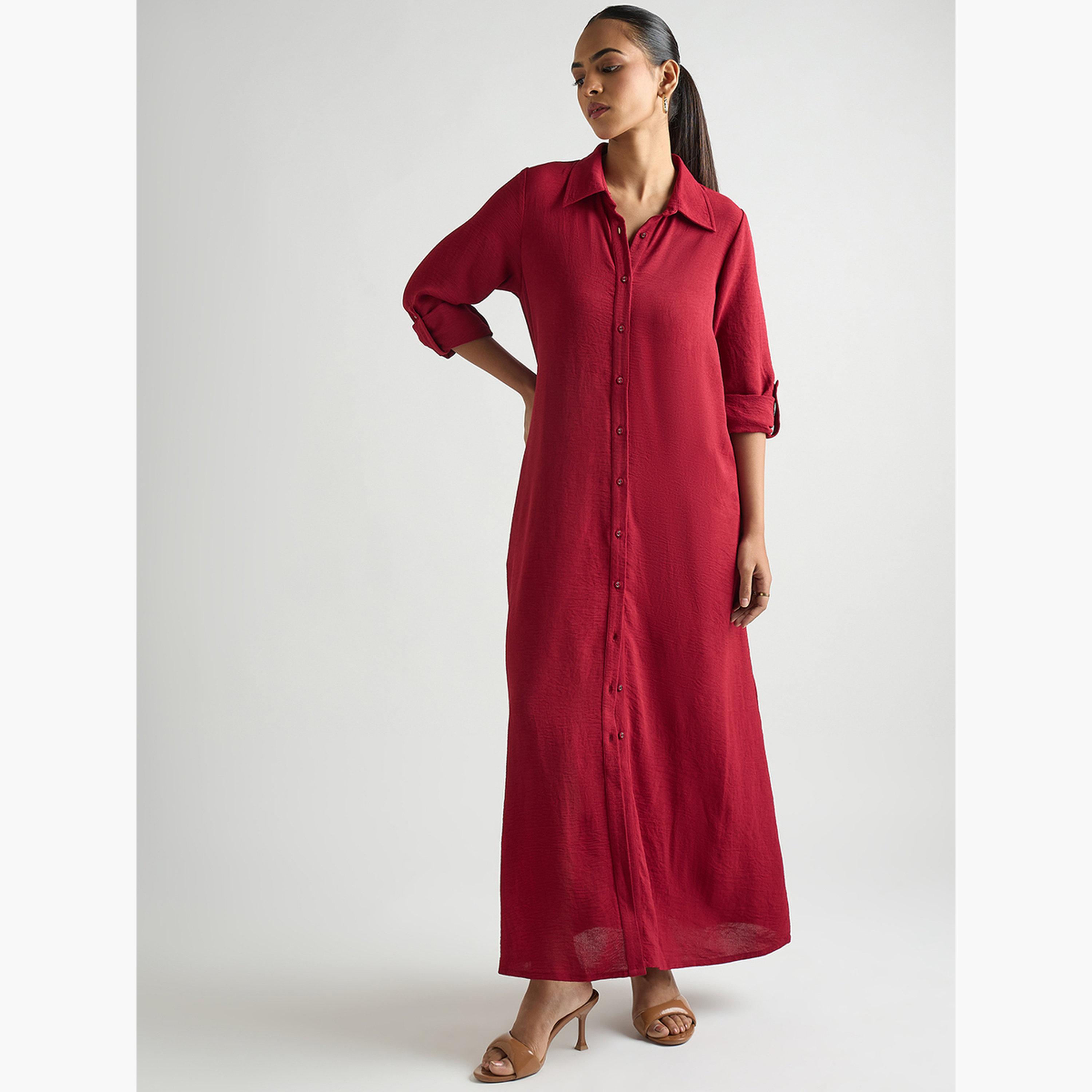 Femmella Women Deep Red Shirt Maxi Dress-women-clothing-dresses-image-1