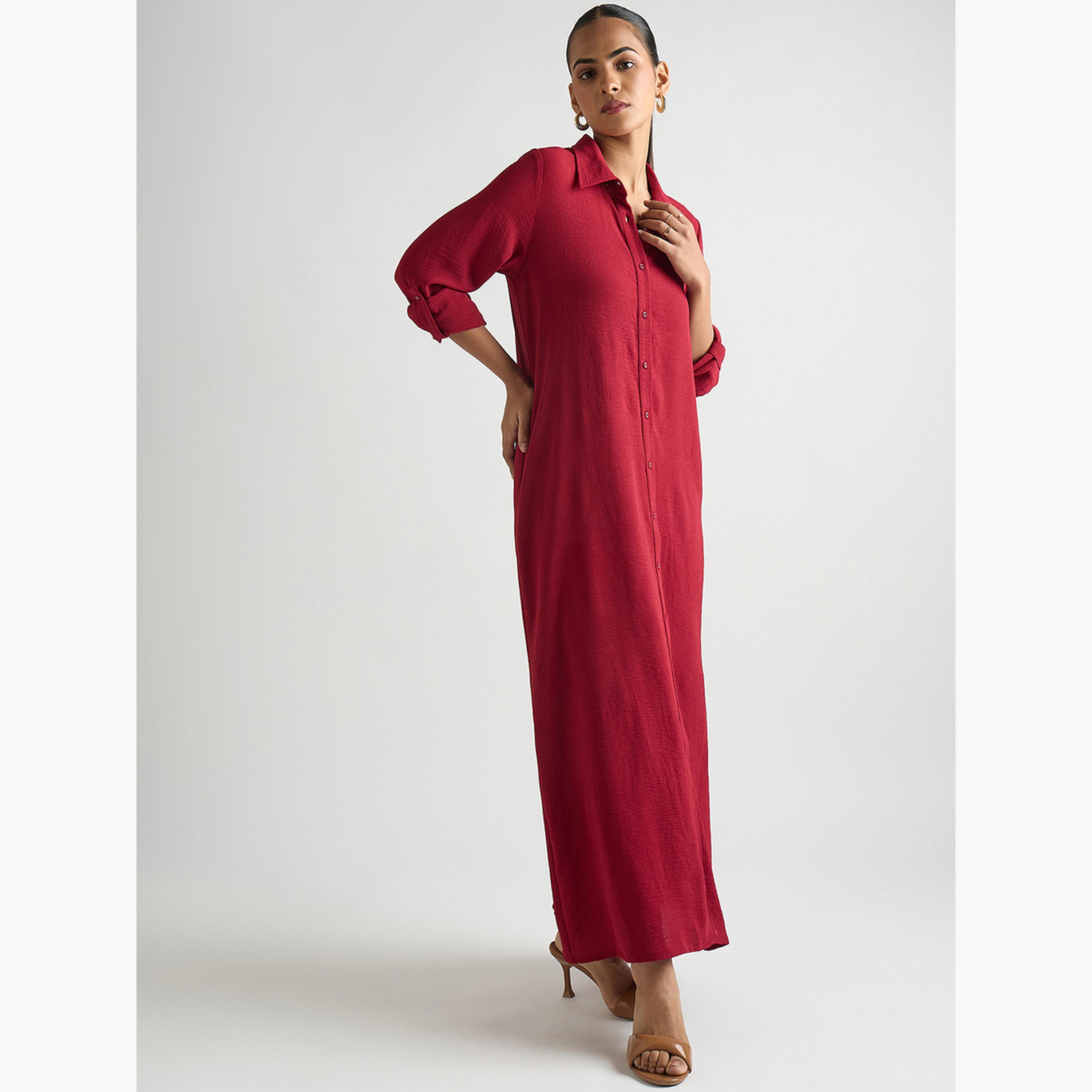 Femmella Women Deep Red Shirt Maxi Dress-women-clothing-dresses-image-3
