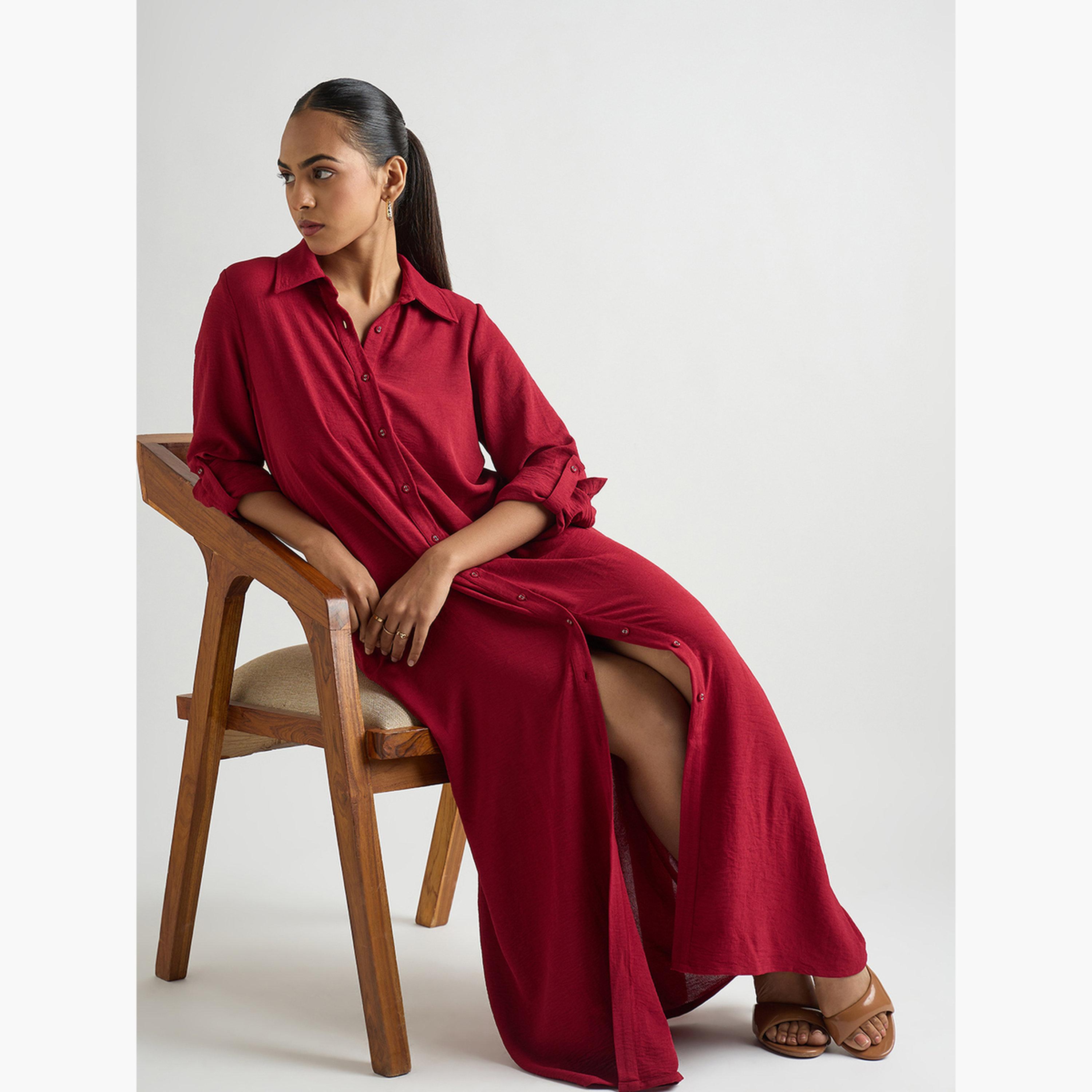 Femmella Women Deep Red Shirt Maxi Dress-women-clothing-dresses-image-4