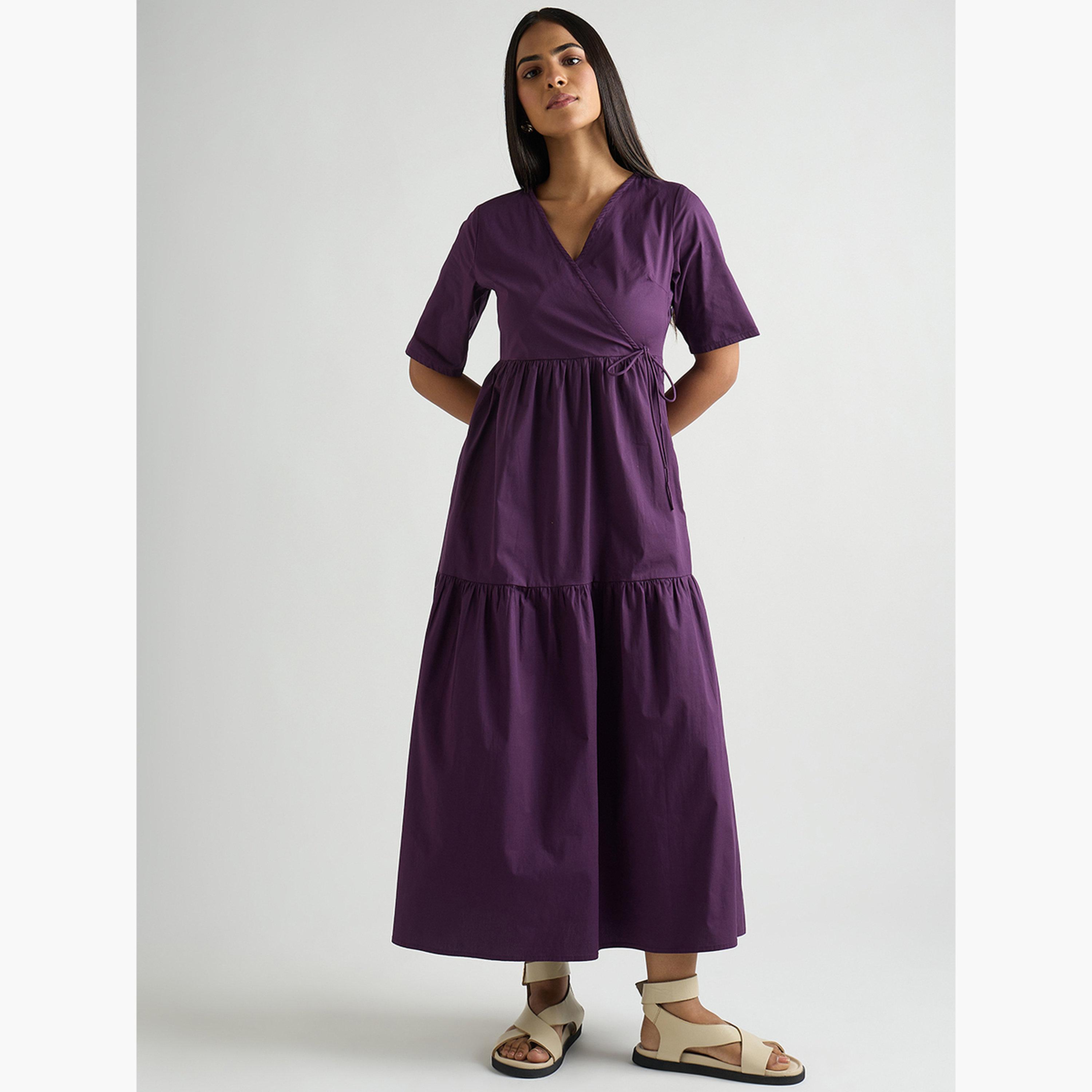 Femmella Women Deep Purple Poplin Tiered Maxi Dress-women-clothing-dresses-image-1