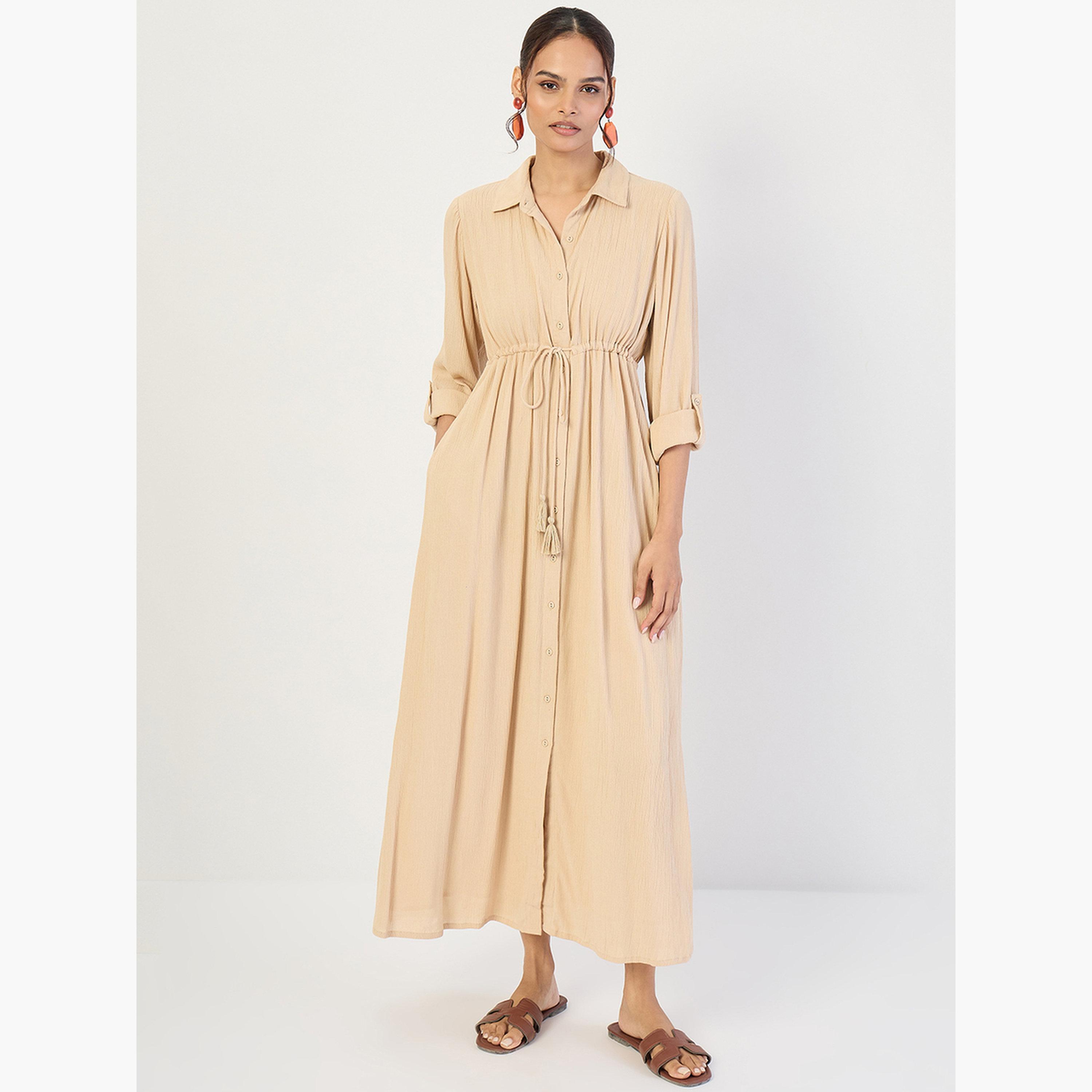 Femmella Women Beige Crinkled Button Down Maxi Dress-women-clothing-dresses-image-1