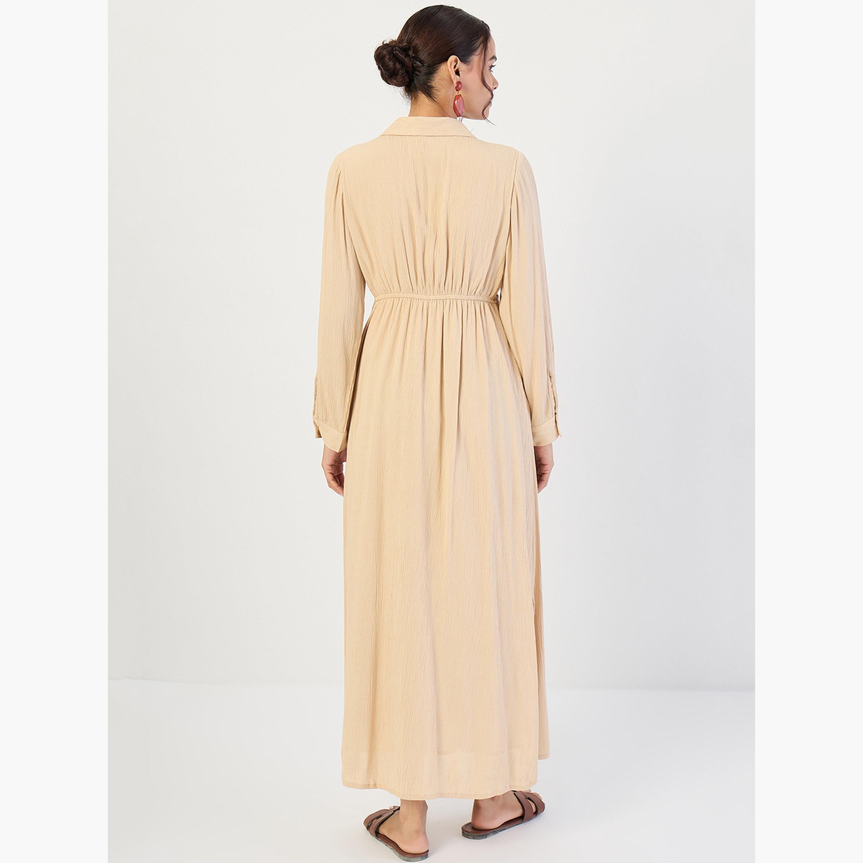 Femmella Women Beige Crinkled Button Down Maxi Dress-women-clothing-dresses-image-2