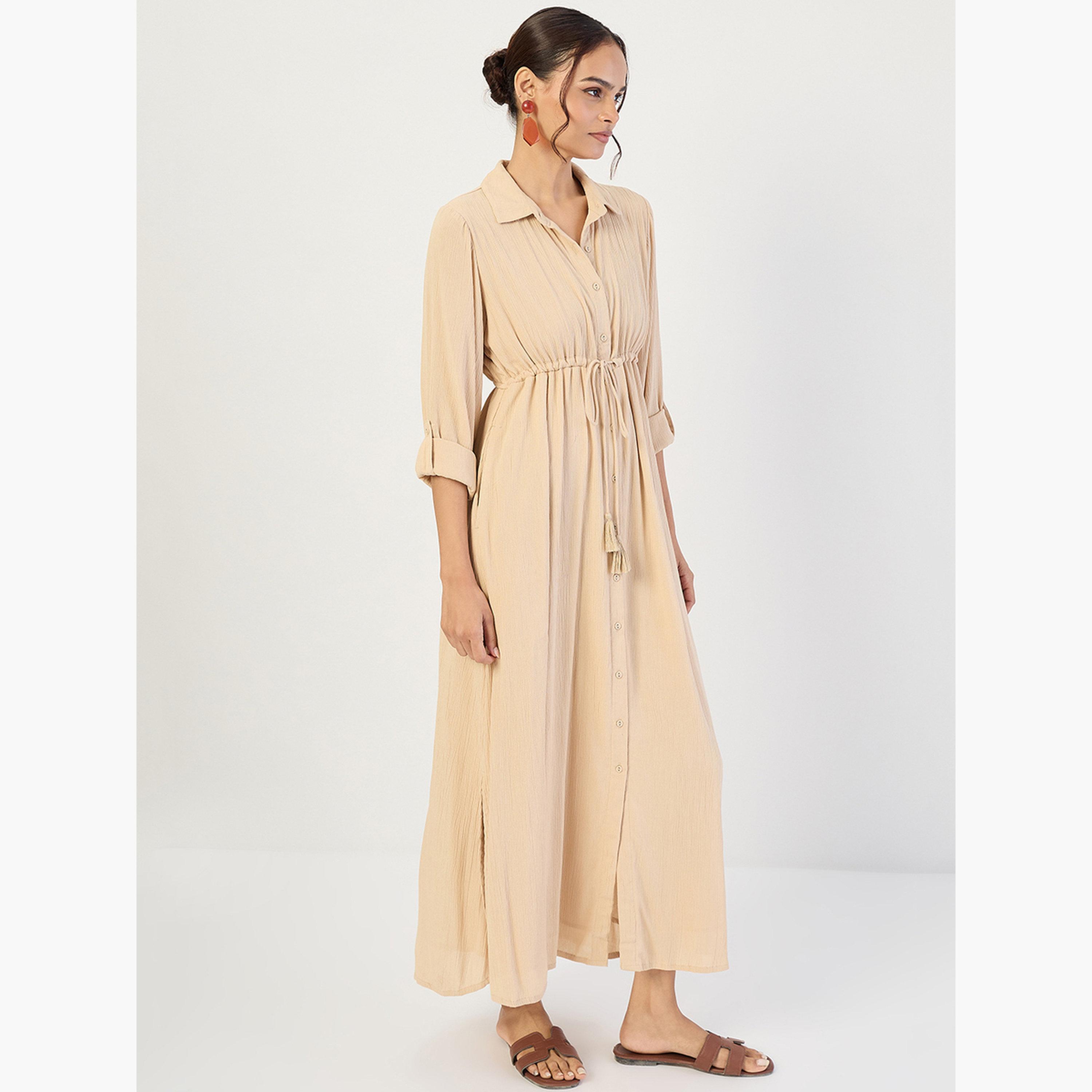 Femmella Women Beige Crinkled Button Down Maxi Dress-women-clothing-dresses-image-3