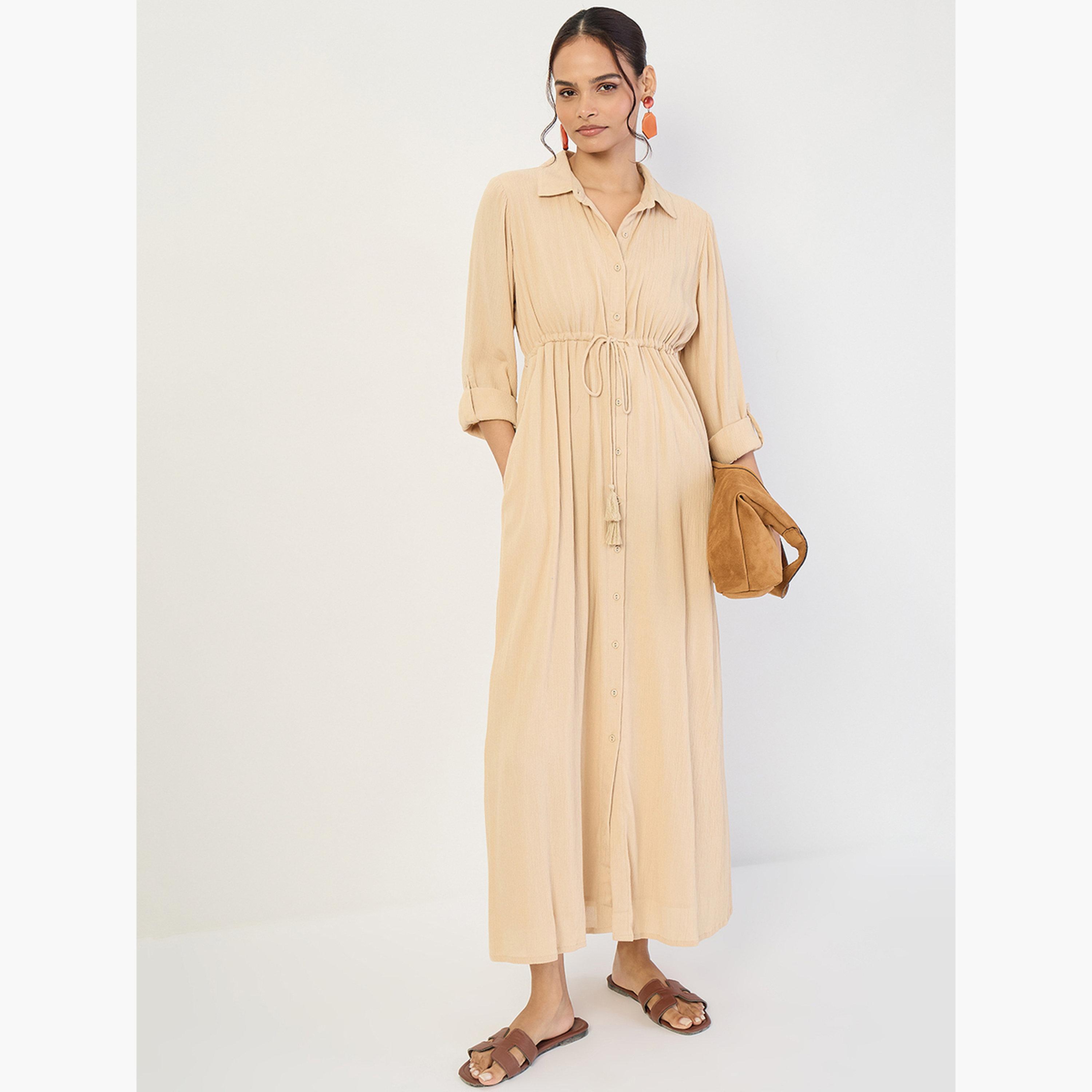 Femmella Women Beige Crinkled Button Down Maxi Dress-women-clothing-dresses-image-4