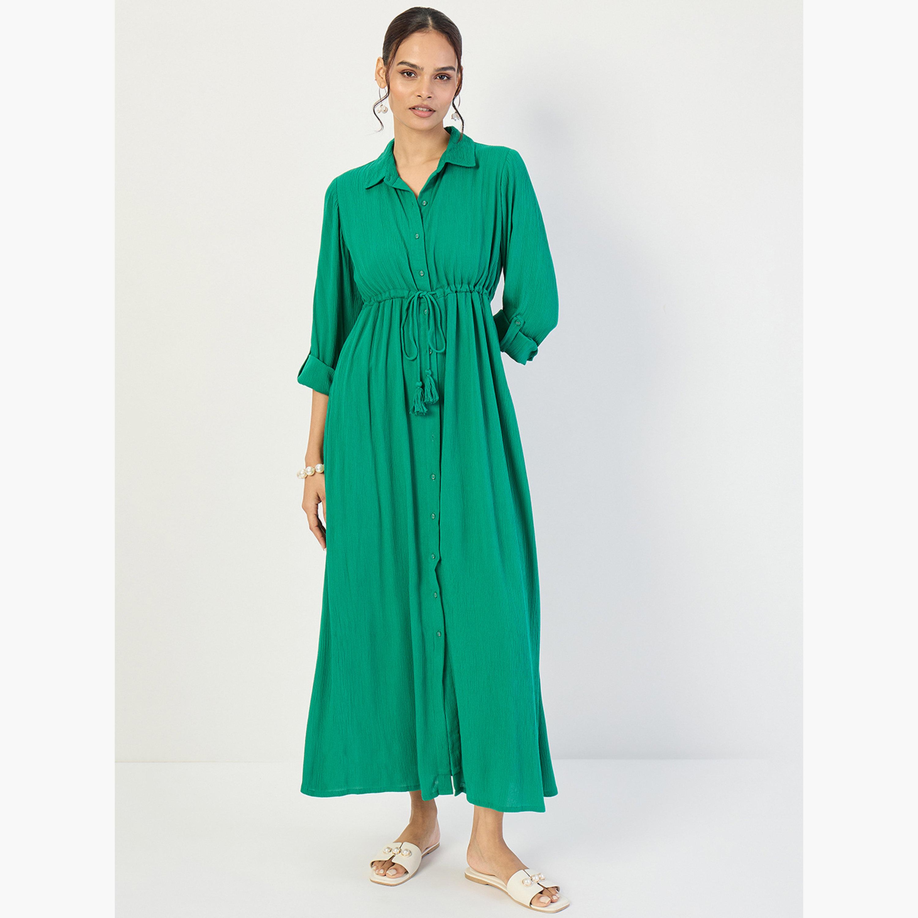 Femmella Women Emerald Green Crinkled Button Down Maxi Dress-women-clothing-dresses-image-1