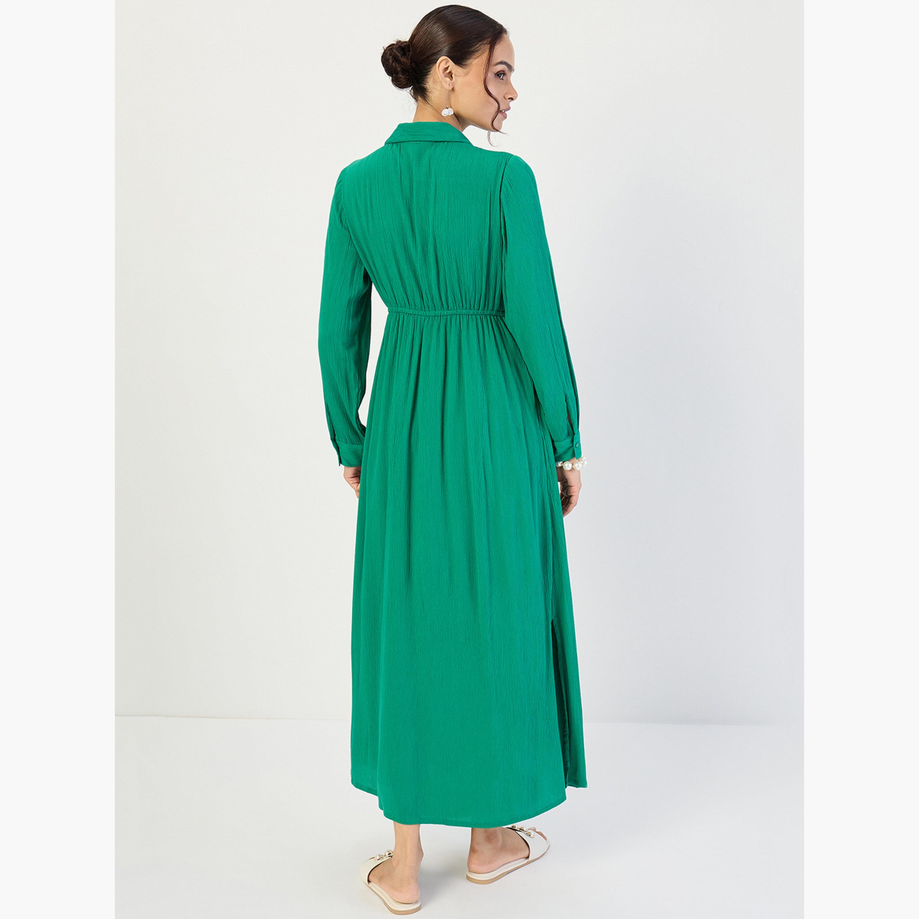 فستان طويل بقماش مجعد وأزرار-women-clothing-dresses-image-2