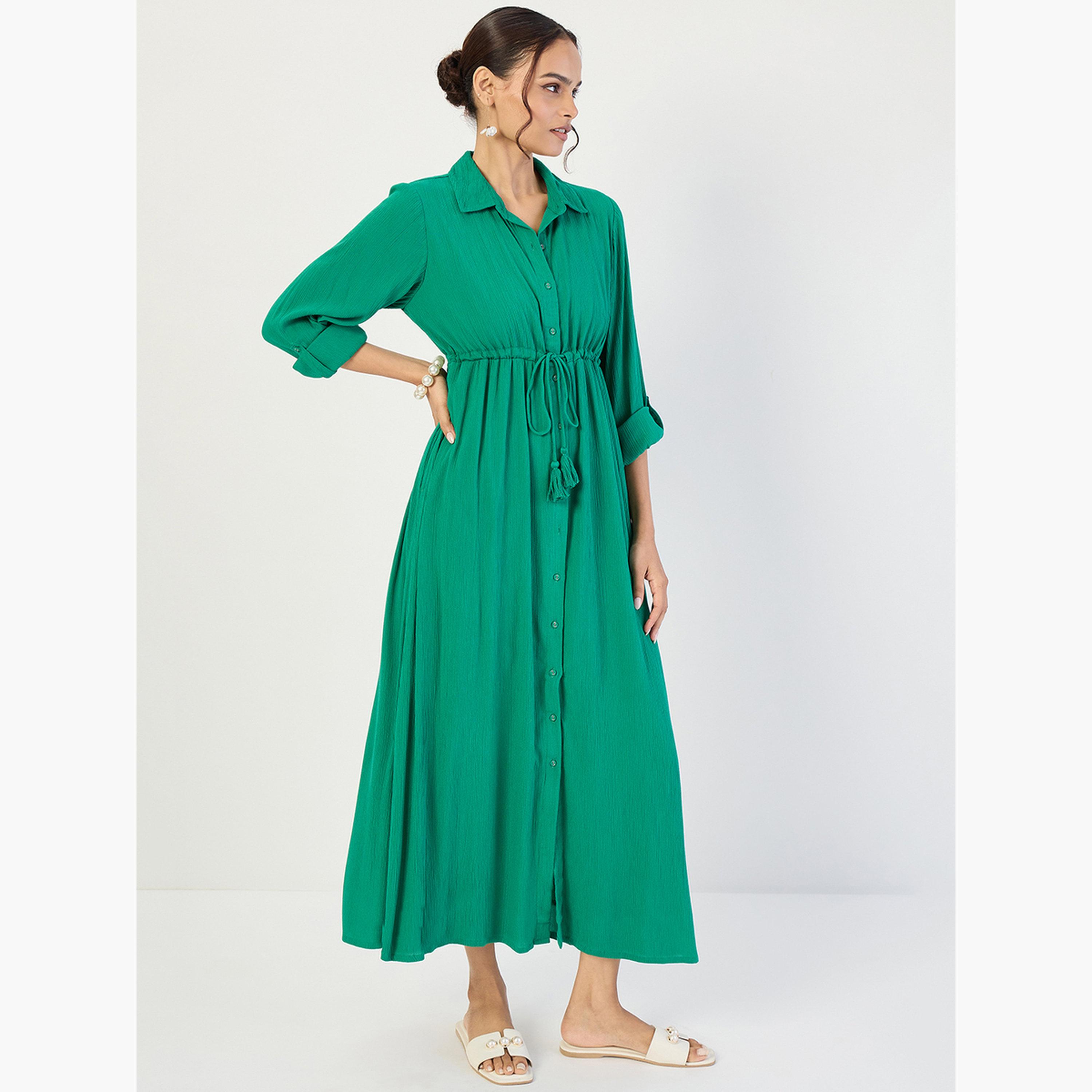 فستان طويل بقماش مجعد وأزرار-women-clothing-dresses-image-3