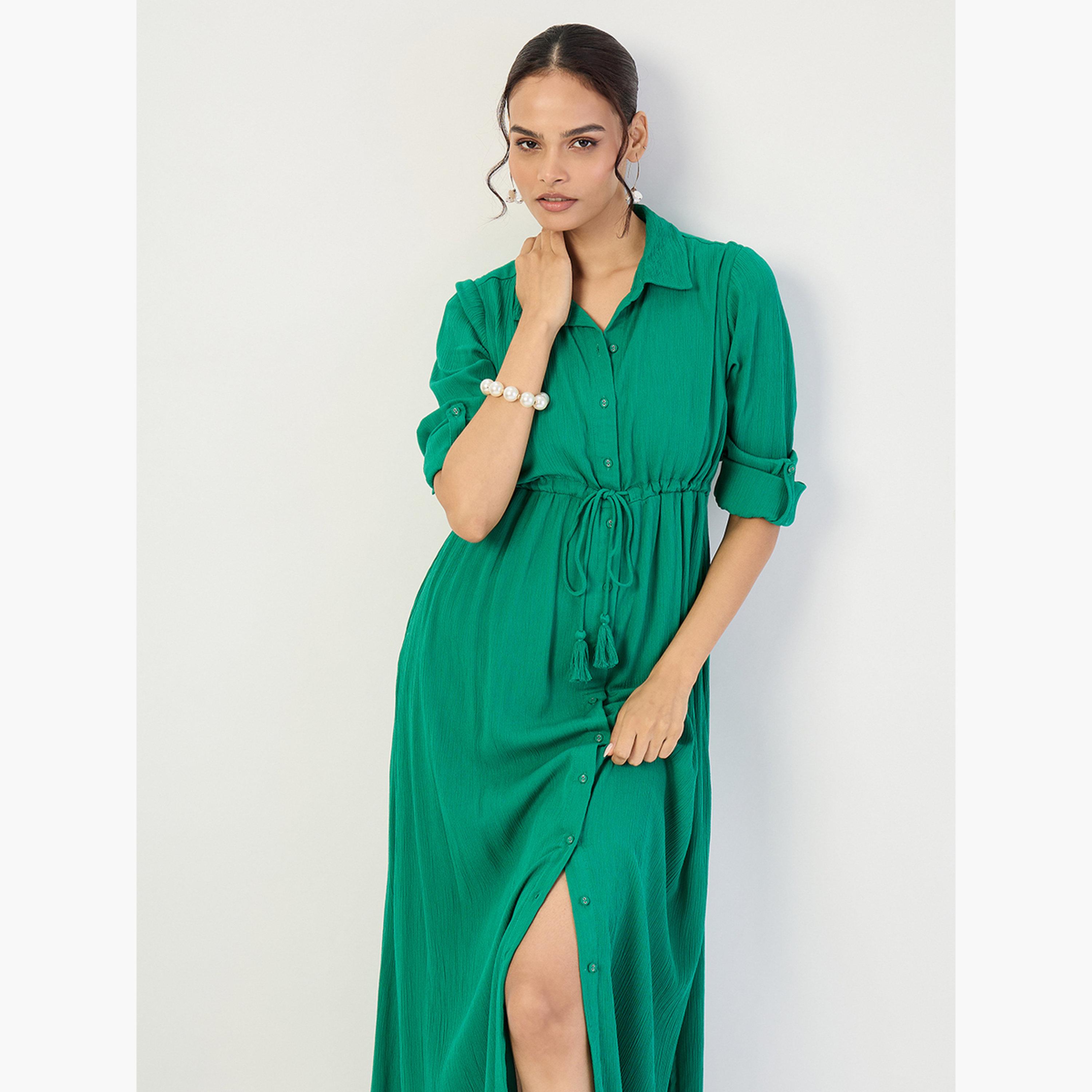 Femmella Women Emerald Green Crinkled Button Down Maxi Dress-women-clothing-dresses-image-4
