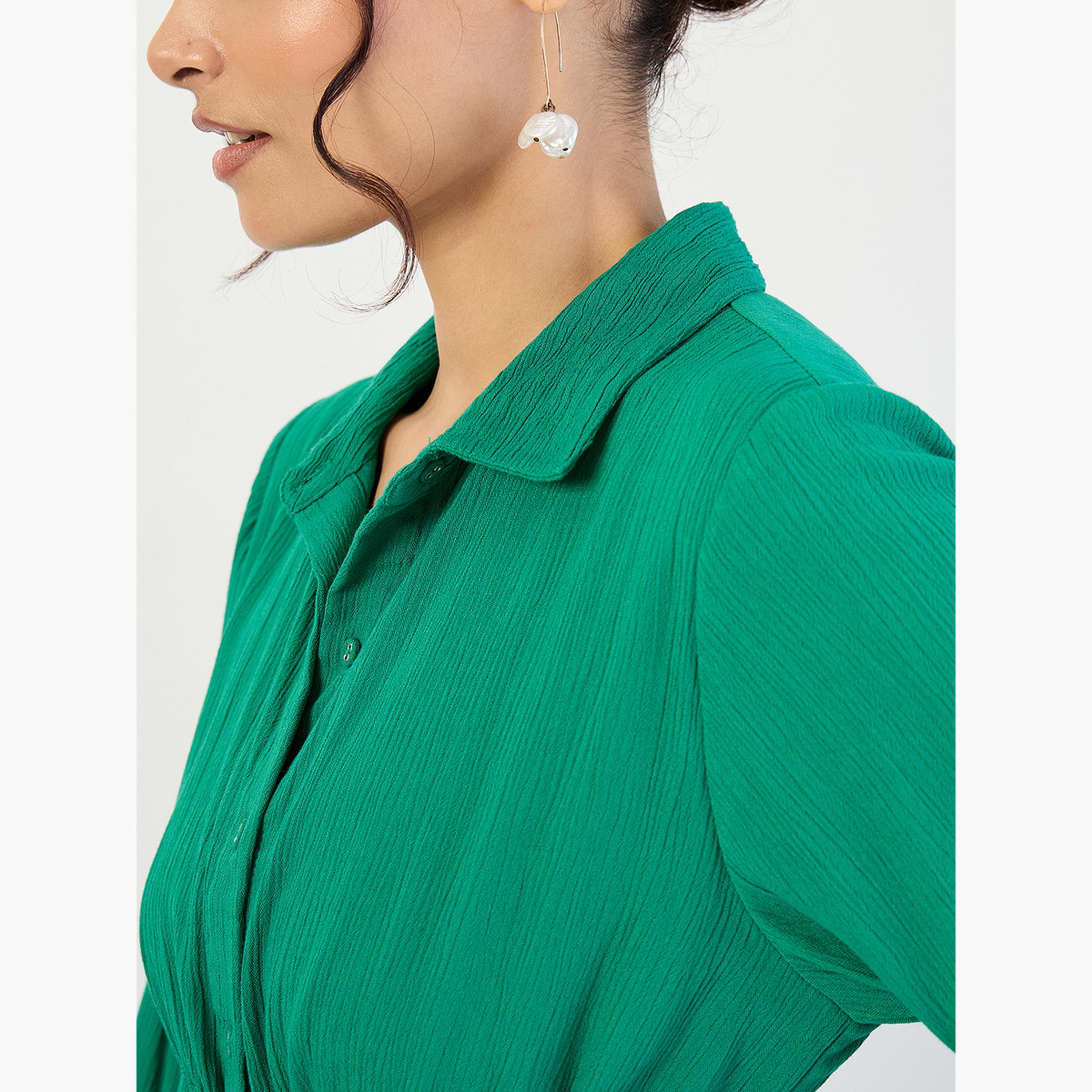 Femmella Women Emerald Green Crinkled Button Down Maxi Dress-women-clothing-dresses-image-6