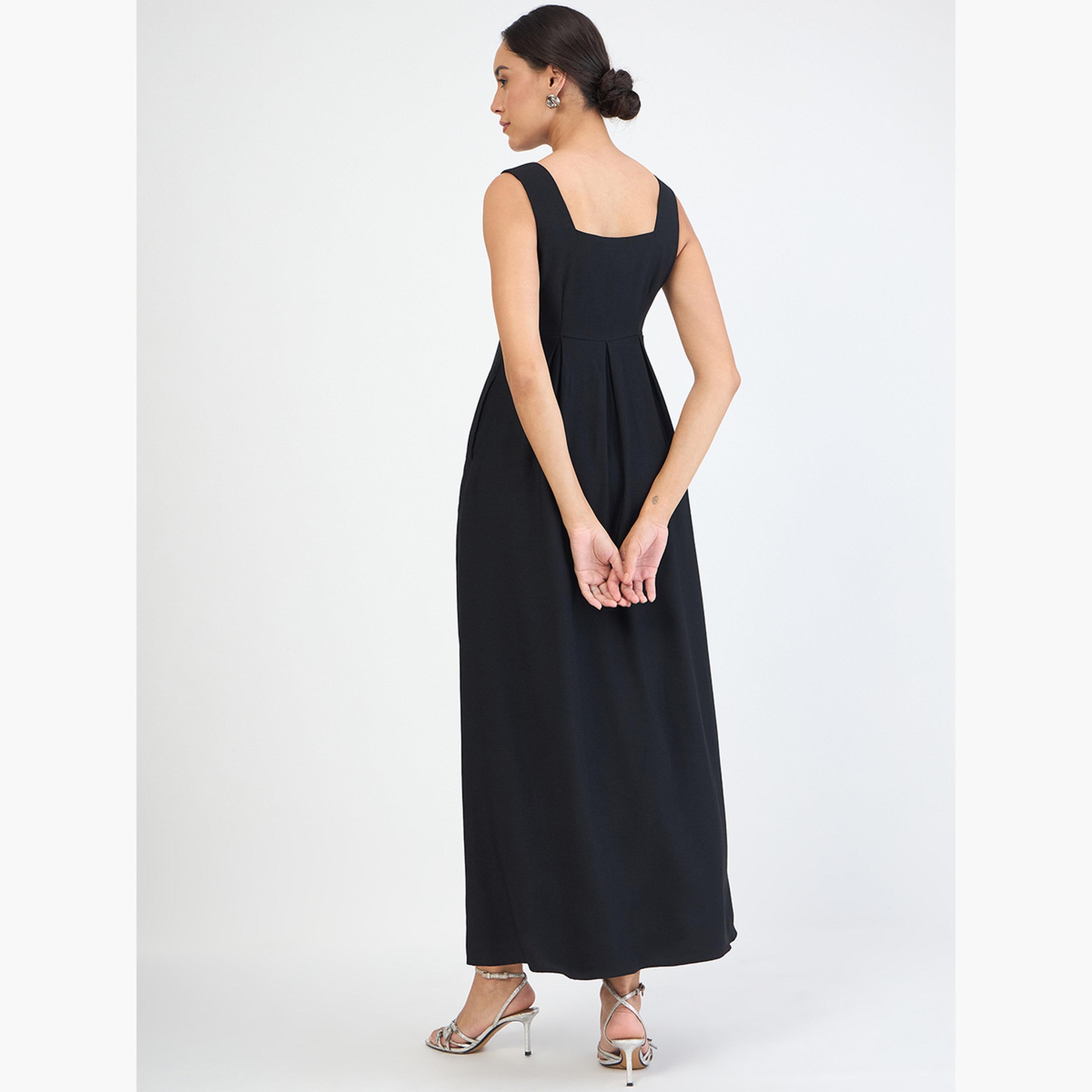 فستان طويل بدون أكمام وتفاصيل بليسيه-women-clothing-dresses-image-2