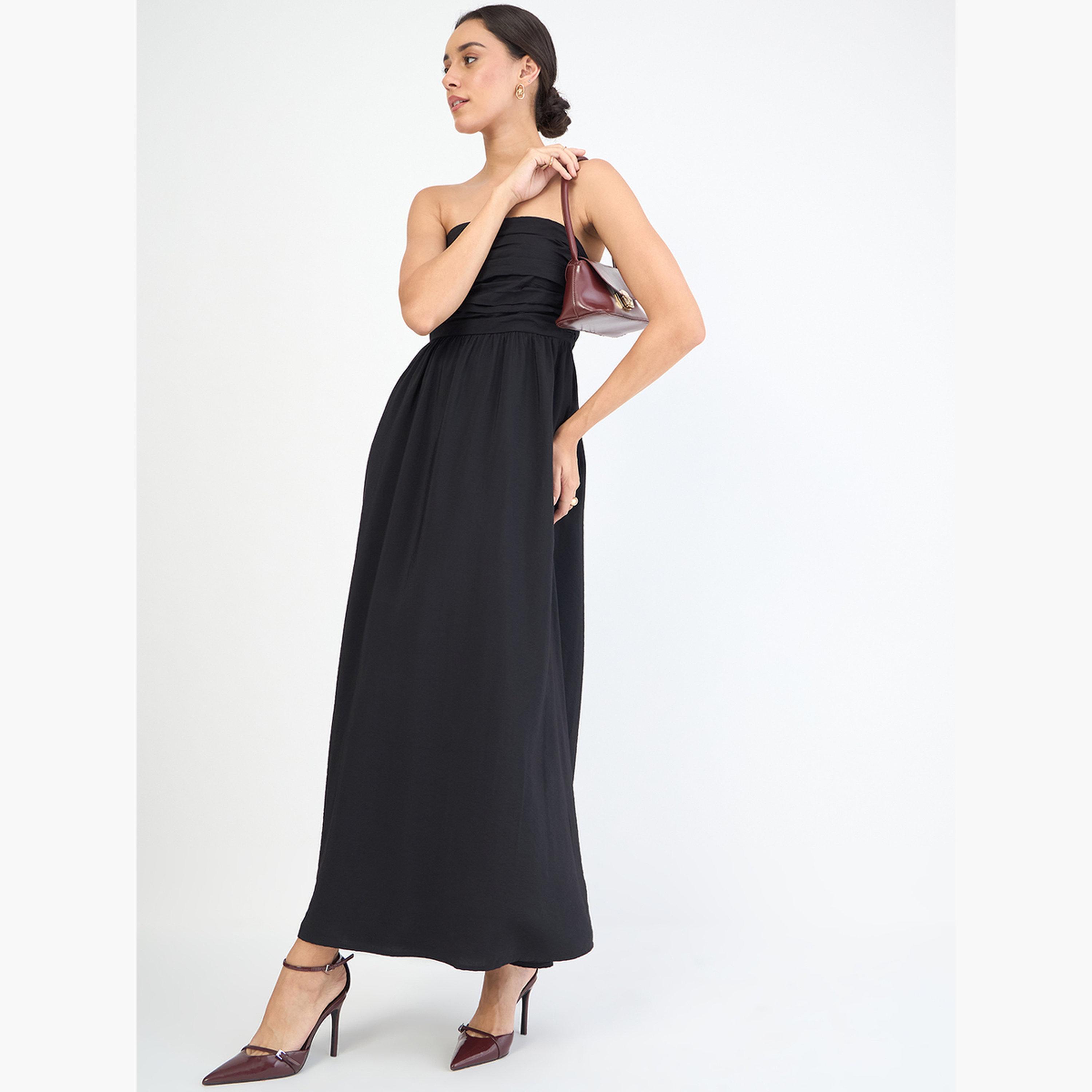 Femmella Black Off Shoulder Ruched Detail Maxi Dress-women-clothing-dresses-image-2