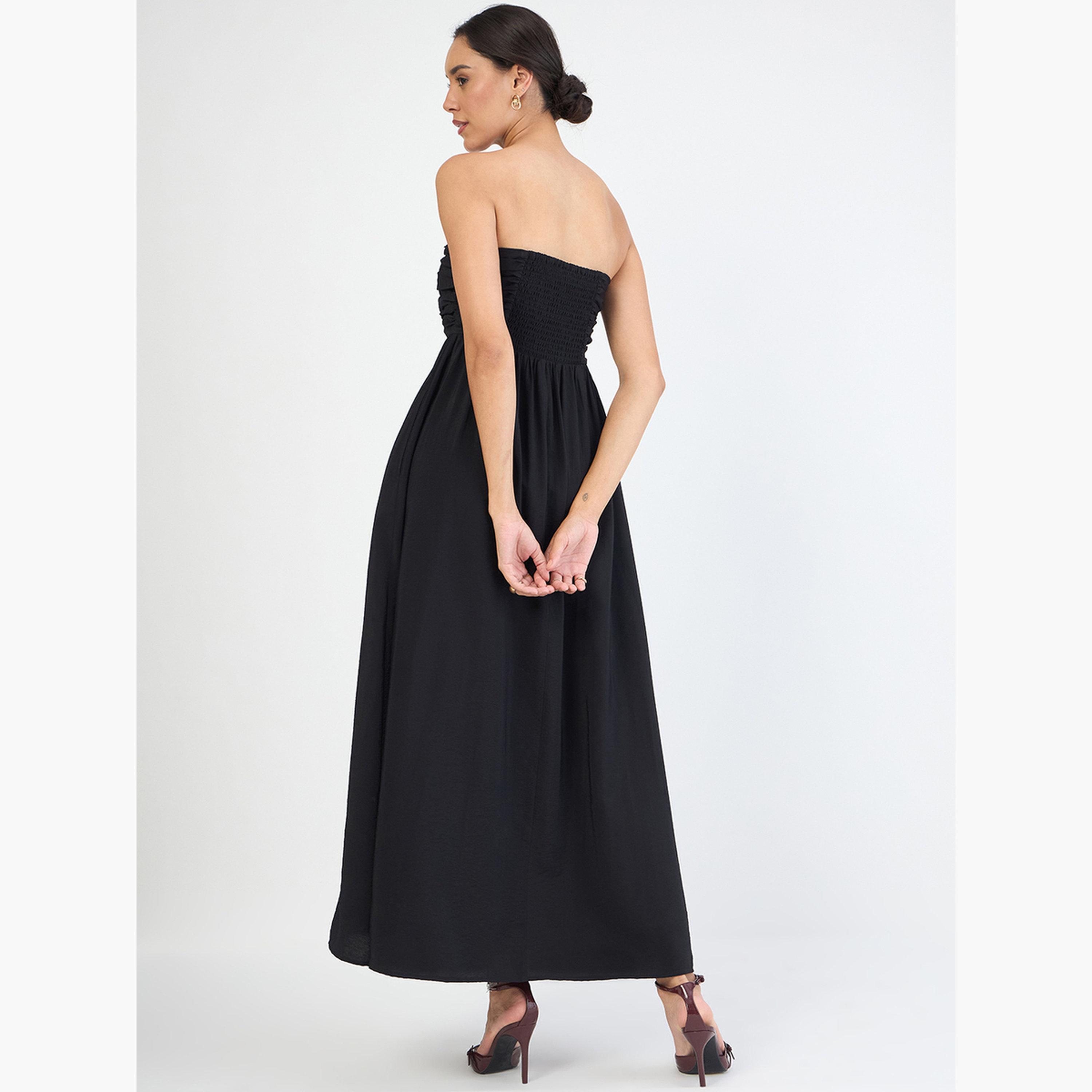 Femmella Black Off Shoulder Ruched Detail Maxi Dress-women-clothing-dresses-image-3