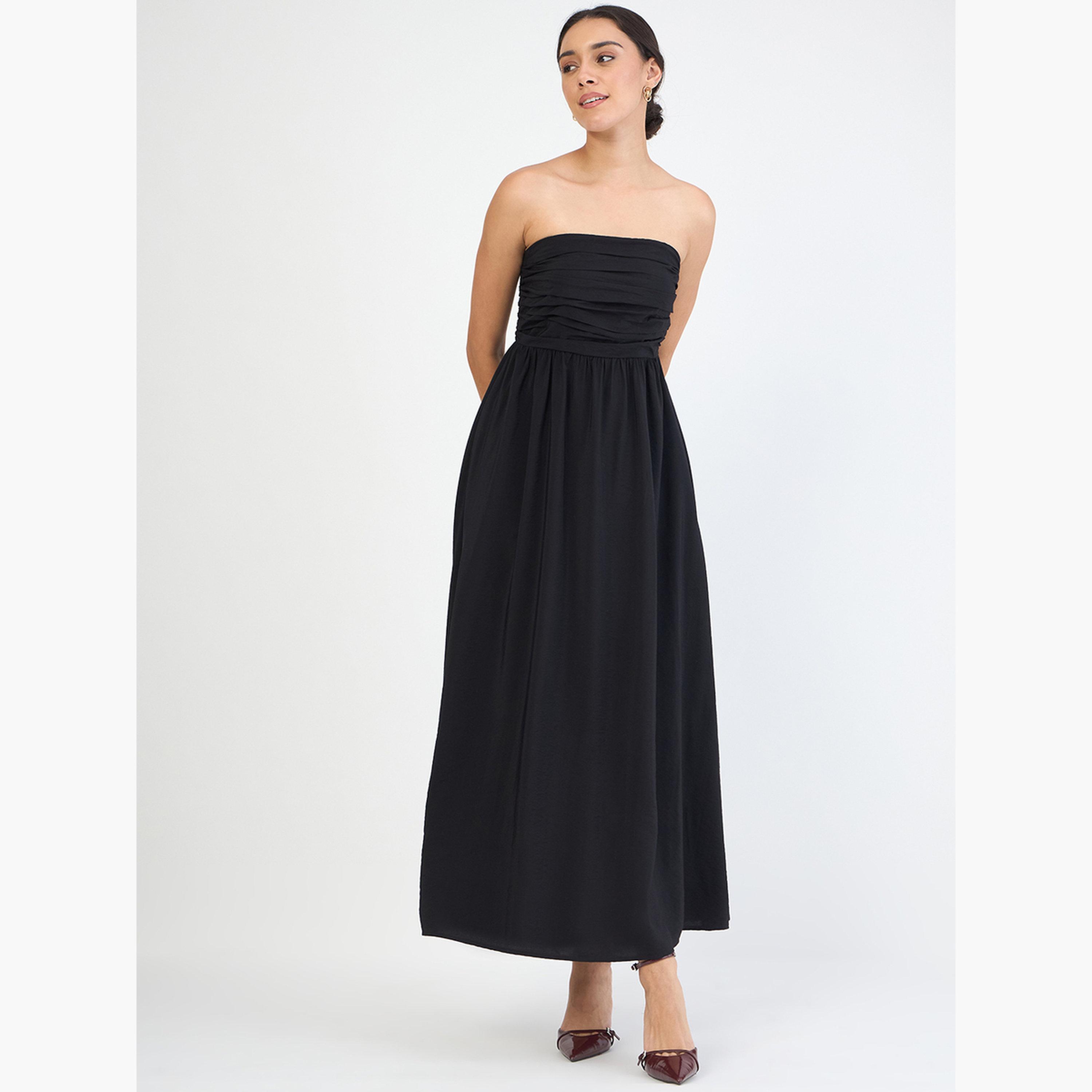 Femmella Black Off Shoulder Ruched Detail Maxi Dress-women-clothing-dresses-image-4