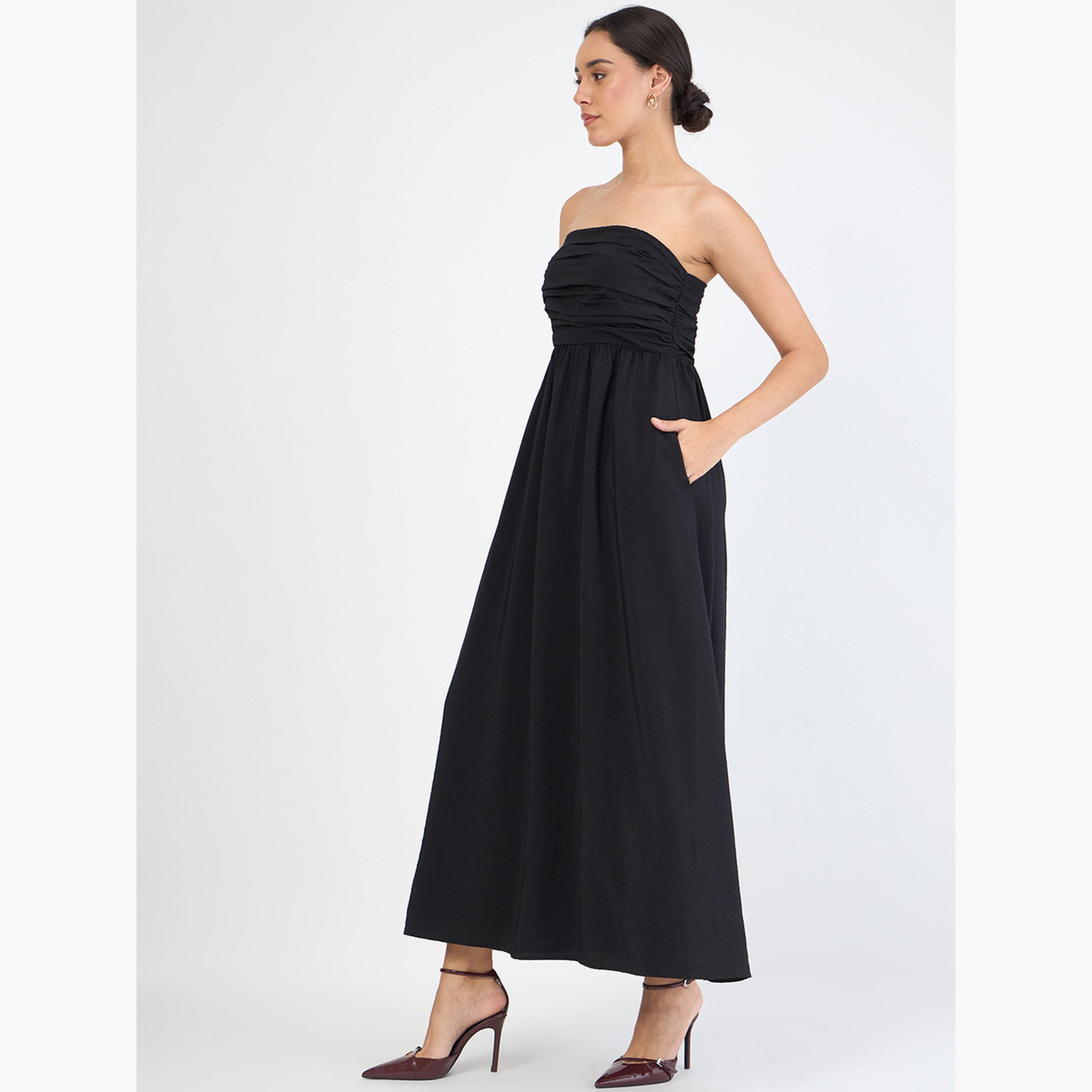 Femmella Black Off Shoulder Ruched Detail Maxi Dress-women-clothing-dresses-image-5