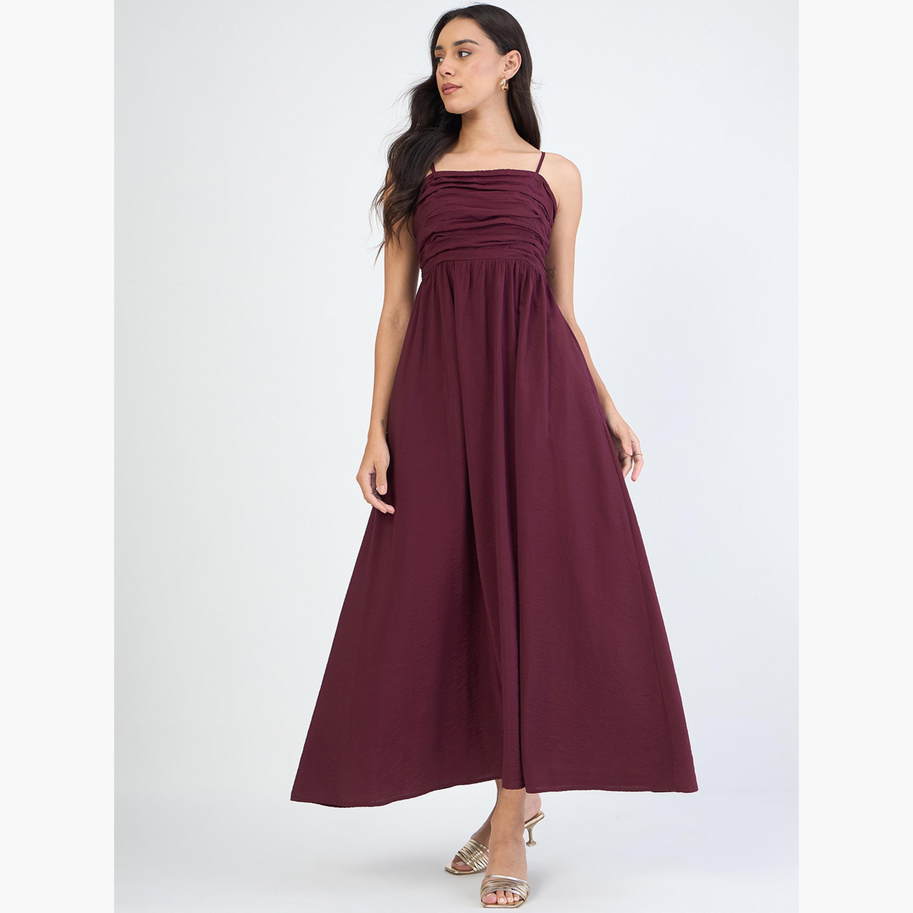 Femmella Women Burgundy Off Shoulder Ruched Detail Maxi Dress-women-clothing-dresses-image-1